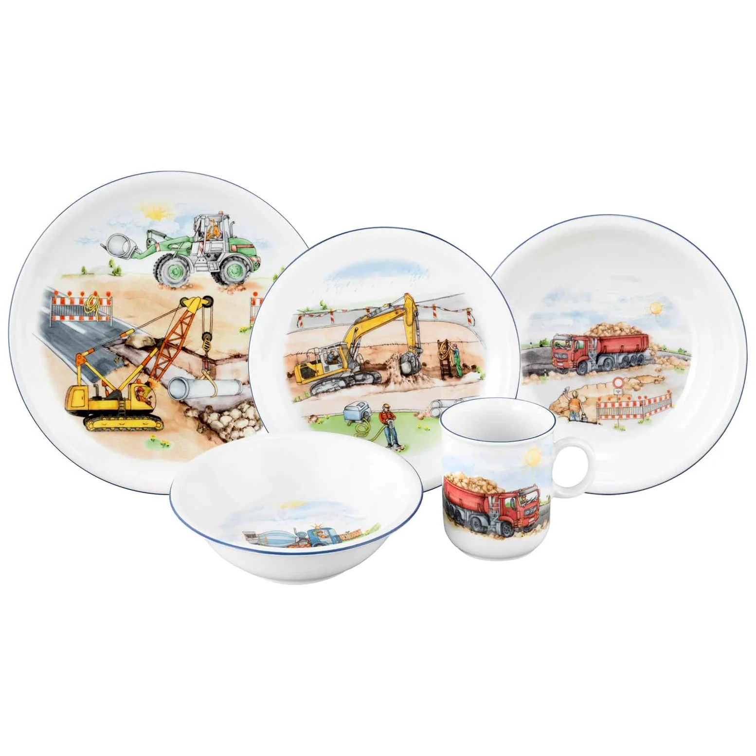 Seltmann Weiden Service de table compact pour enfant 5 pièces, ensemble d'assiettes, bol et gobelet pour enfants, service pour enfants avec motifs colorés, porcelaine, sur le chantier