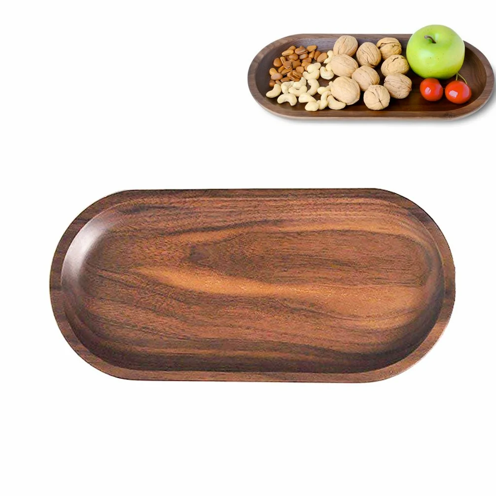 Plateau de service en bois massif décoratifs, plateaux, servir les plats pour la nourriture Fruits Thé café Vin de qualité premium, respectueux de l'environnement, forme ovale – Noyer Noir Large