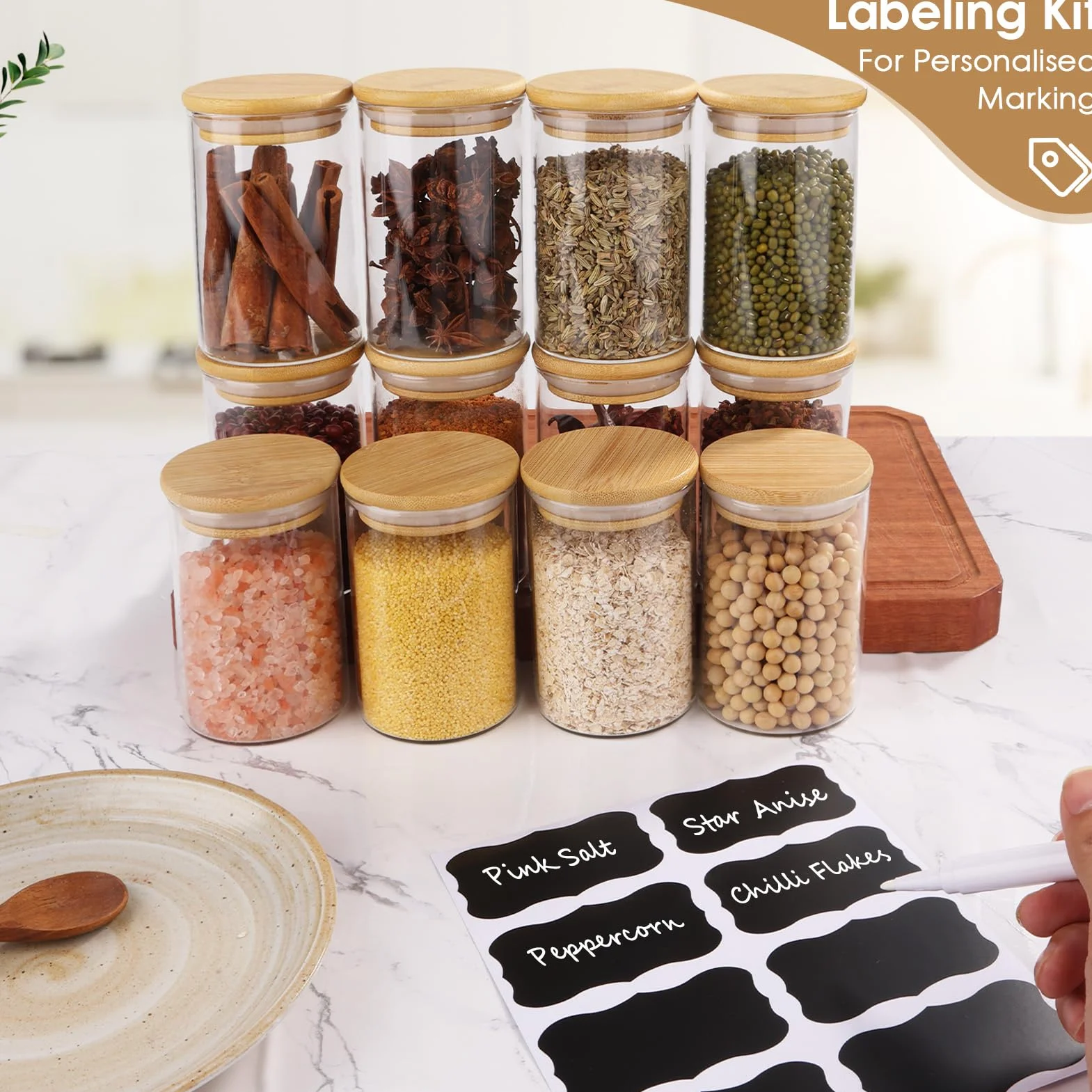 Bocaux à Épices en Verre et Bois 12 Pots 250ml Hermétique ⌀6,5cm x 10,5cm