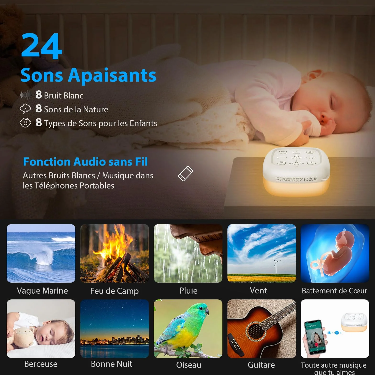 eSynic Mini Veilleuse Bruit Blanc Machine à Sommeil Portable pour Bébé, 30 Sons et 7 Couleurs