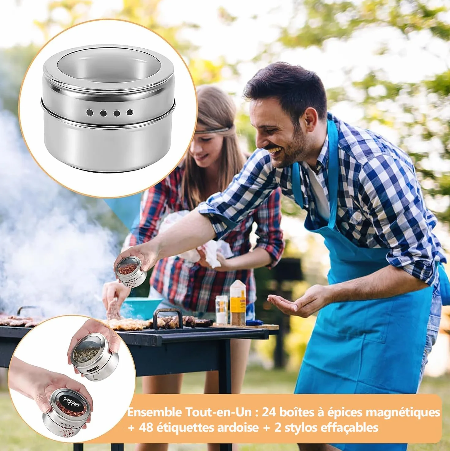 Pots à Épices Magnétiques Acier Inoxydable Lot 24 avec Couvercles 48 Étiquettes 2 Marqueurs