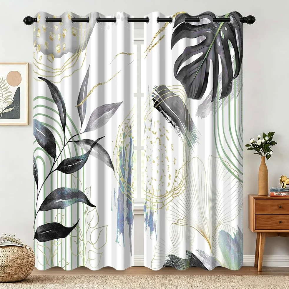 Rideaux Occultant Noir, Rideaux Occultant Tropical Boheme Feuilles de Palmier Rideau Thermiques Isolants Anti Froid et Chaleur Rideau à Oeillets pour Chambre Fenêtre, Lot de 2, 140x200cm