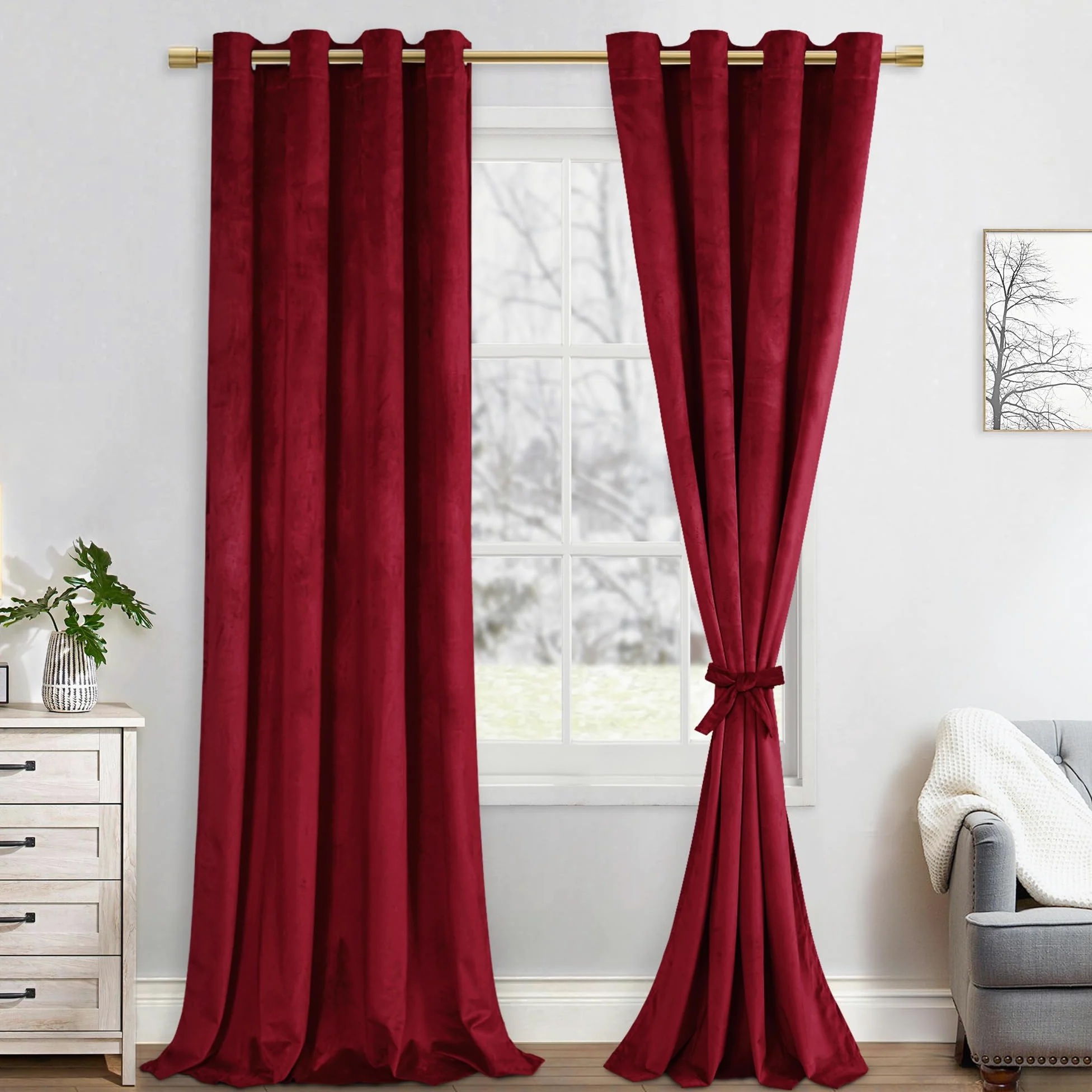 JIUZHEN Décorations de Noël Lot de 2 Rideaux Velours Occultants Doux et Opaques à Oeillets Rideau Thermique Isolant Anti Chaleur et Frois pour Chambre Décoration 140x260cm (LxH) Rouge Bordeaux