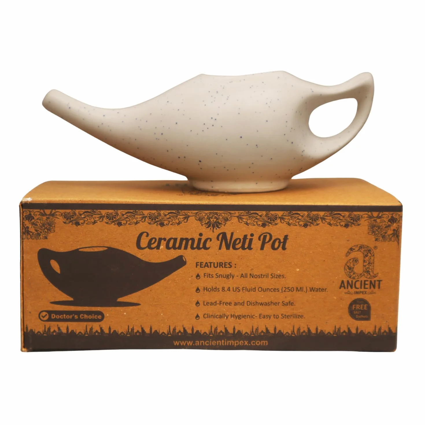 Neti Pot En Céramique Pour Nettoyage Nasal Craquelé Ivoire Avec 10 Sachets De Sel De Neti