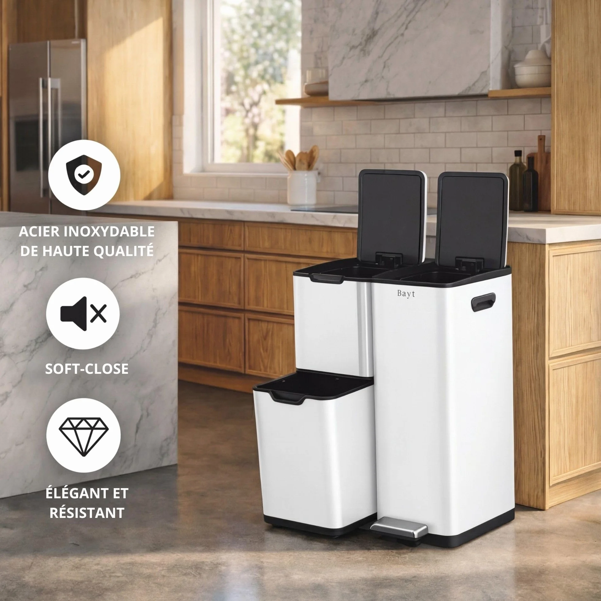 Poubelle Tri Selectif Cuisine 60L Inox 3 Compartiments Anti Odeur Pédale Blanc