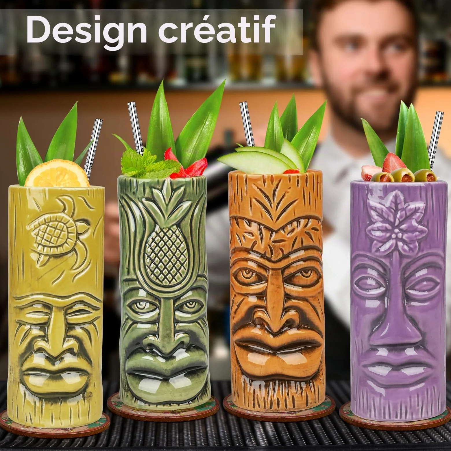SuproBarware Lot de 4 Tasses Tiki en Céramique, Verres à Cocktail Exotiques avec Pailles, Gobelets pour Fête Hawaïenne Mai Tai Pina Colada, Accessoires de Bar Professionnel
