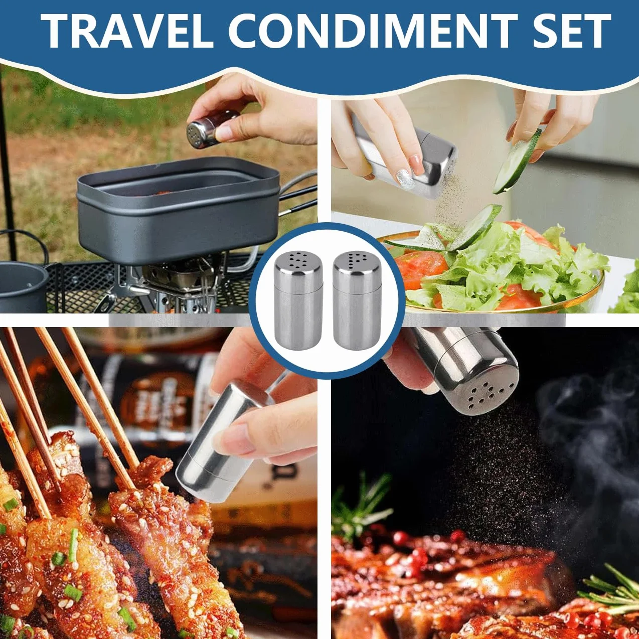 Mini salières et poivrières en acier inoxydable portables avec trou S P pour cuisine voyage camping argent