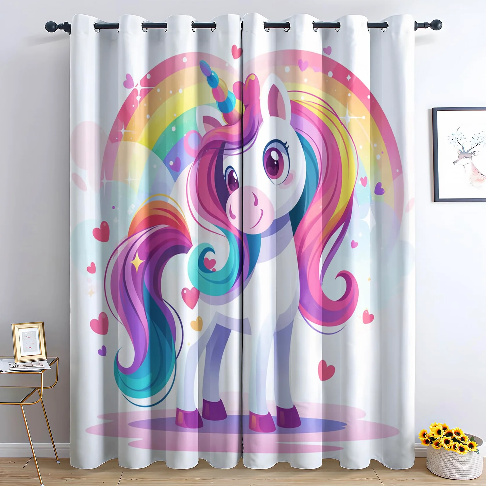 Rideau Occultant Licorne - Décoration Licorne, Rideau Thermique Motif Fille Arc en Ciel, Lot de 2 Rideaux Opaque à Oeillets pour Fenetre Chambre Salon Chambre Enfant, 140x220 cm (LxH) W#300