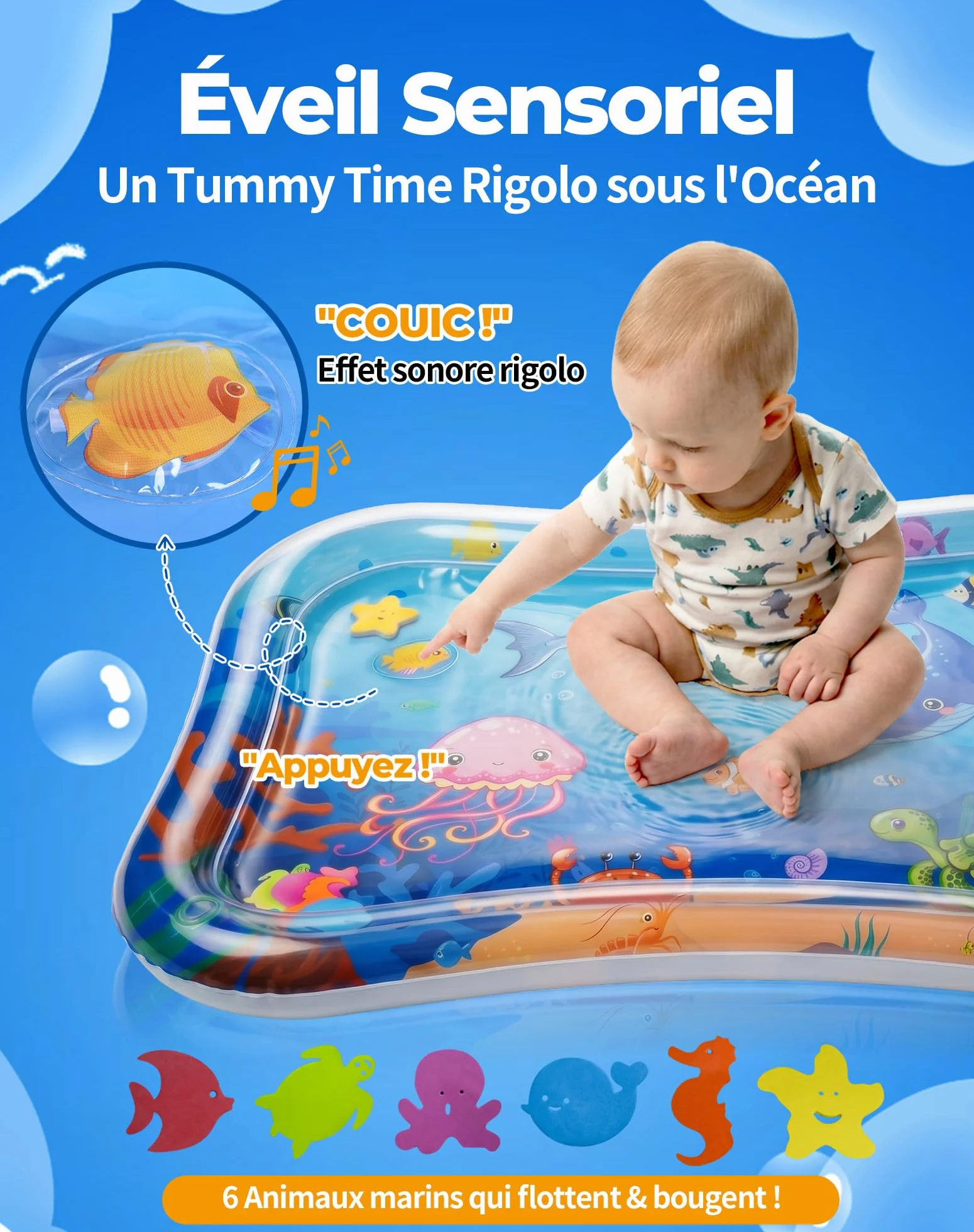 Grand Tapis d'eau Bébé 95x76cm Gonflable Tummy Time Sensoriel Poisson pour Bébés et Tout-petits Cadeau Jouet 3-12 Mois