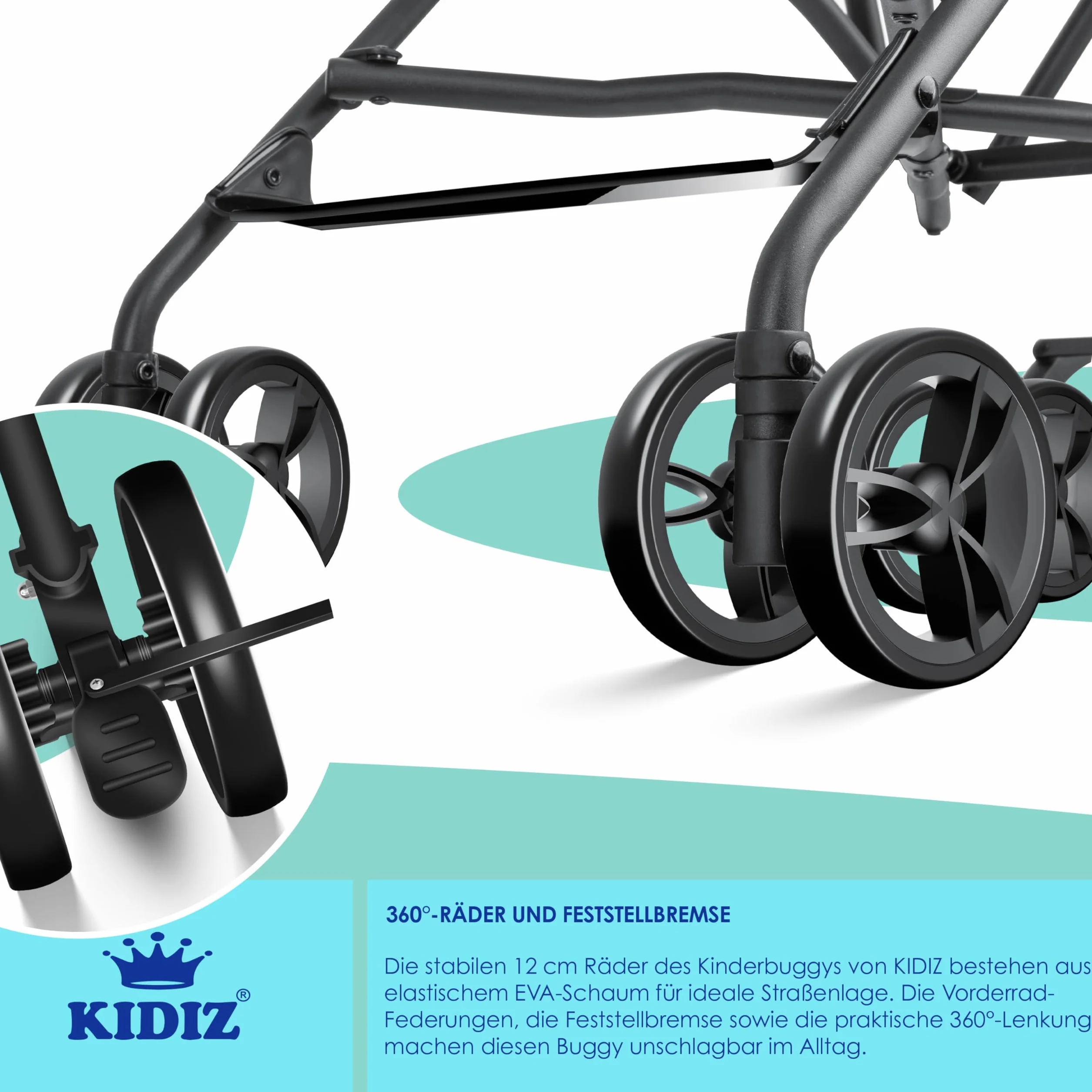 KIDIZ Poussette pliante 360° 4 roues parasol ceinture sécurité 5 points bleu marine