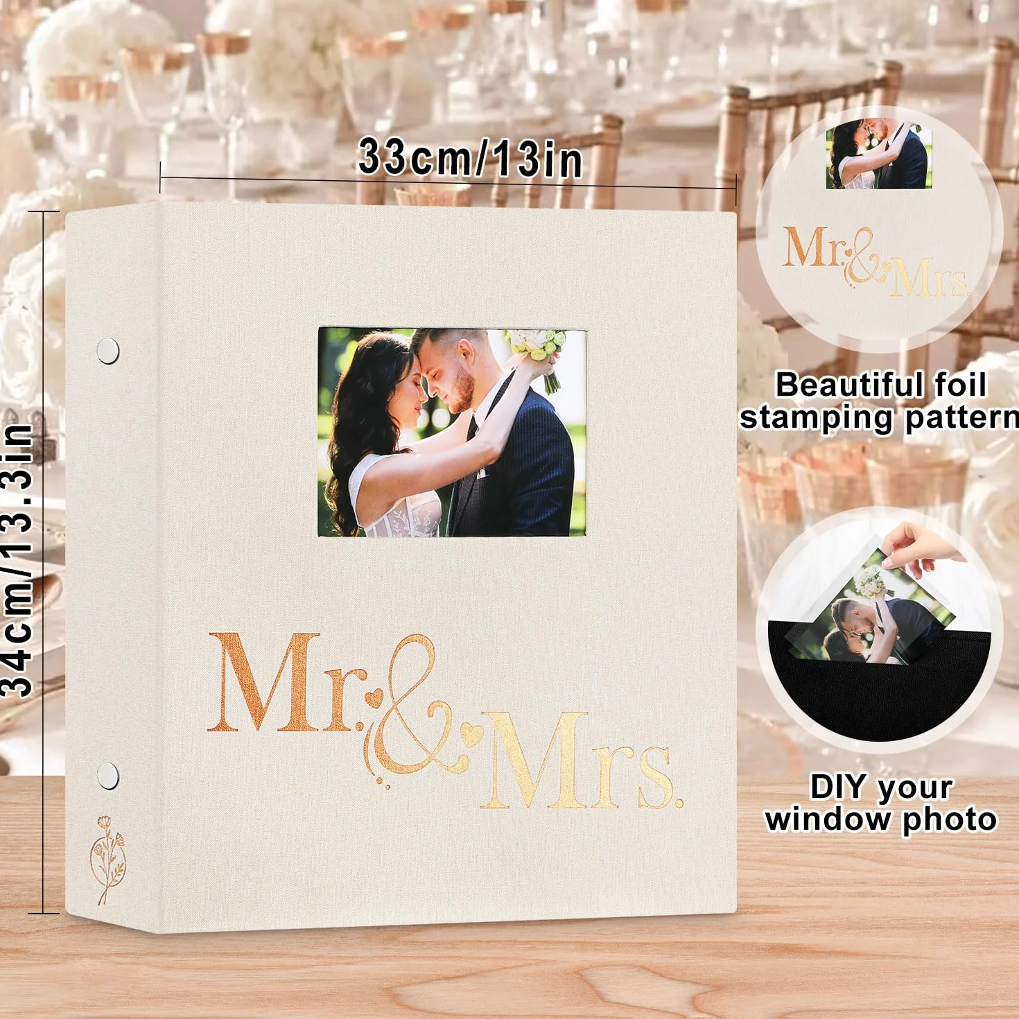 Album Photo Mariage 10x15cm 600 Poche Lin Tissu Fenêtre Mr & Mrs Beige