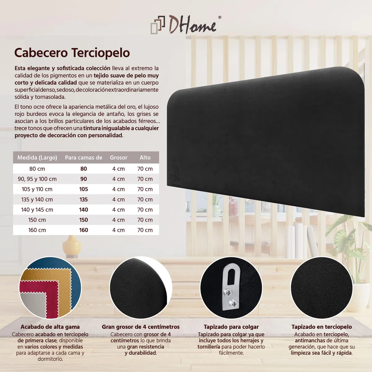 DHOME Tête de Lit Lisse et Courbée Rembourrée en Velours Hauteur 70 cm pour Mur Têtes de Lit Acoustiques et Absorbantes pour Chambre (Noir, 160cm)