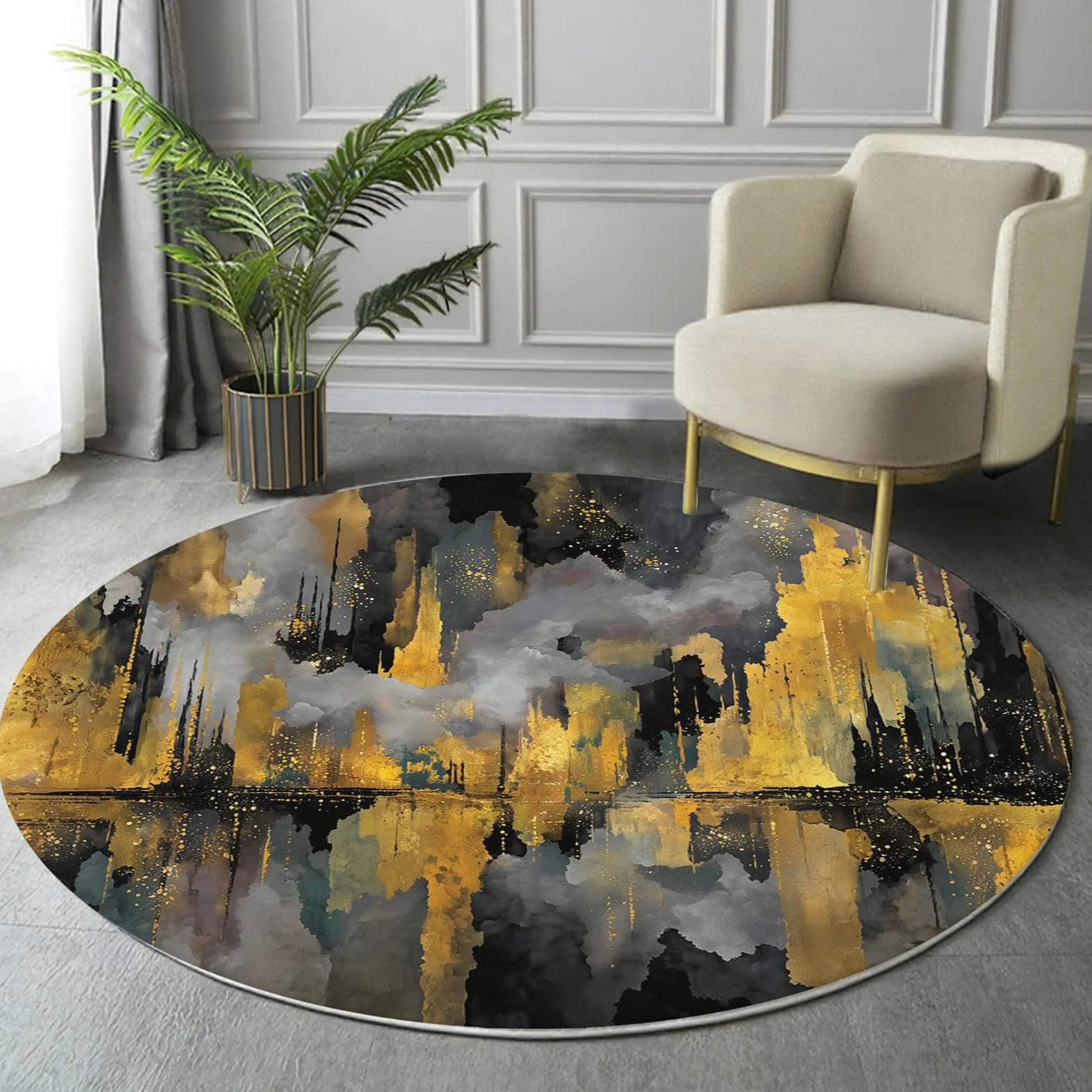 Tapis Rond De Ville en Feuille d'or Tapis Peinture À l'huile Abstraite Fin, Moquette Or Noir Doux Antidérapant Lavable pour Chambre À Coucher Entrée Salle À Manger Dortoir Familial, 100 Cm