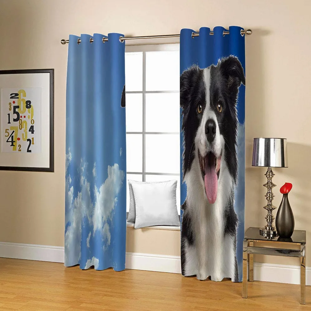 Rideaux Et Draperies Intérieurs 3D Ciel Bleu Nuage Blanc Chiot Motif Rideau Occultant À Oeillets Decoration Salon Chambre Maison pour Enfant Adulte 2 Pièces 280x160Cm Design Moderne Imprimé
