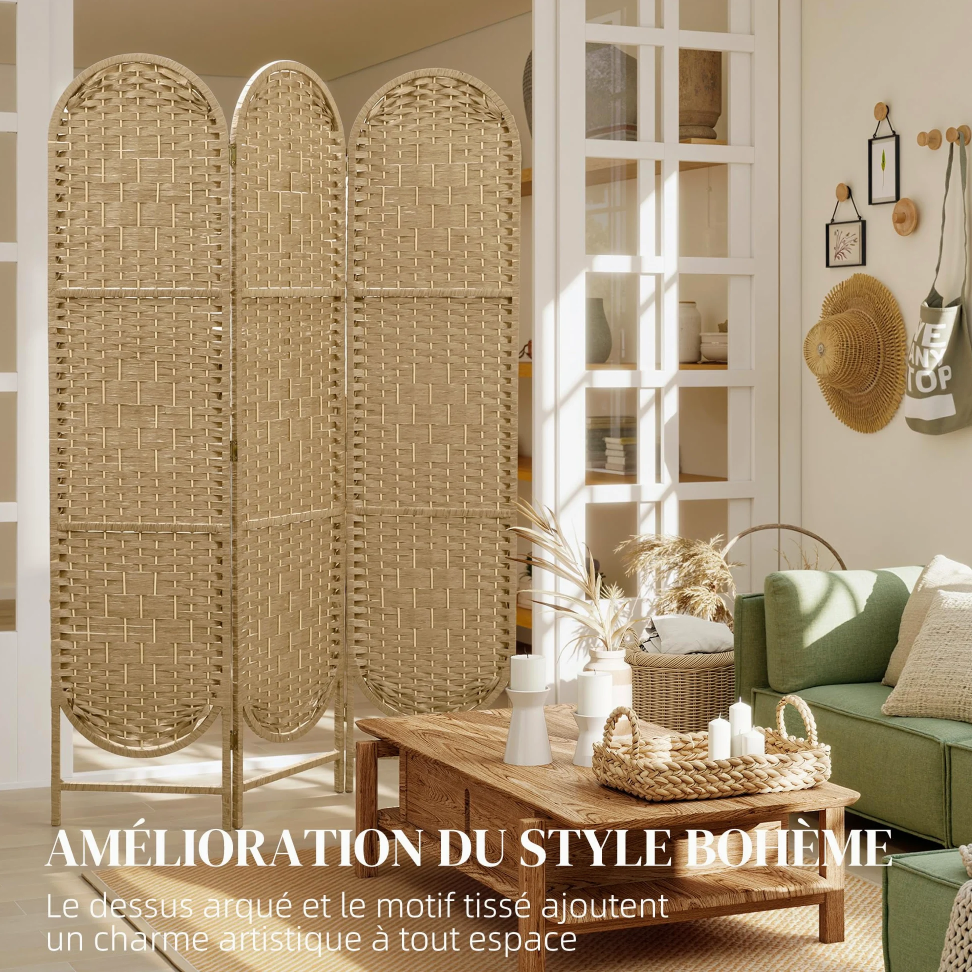 HOMCOM Paravent Interieur Ovale 3 Panneaux Léger 120 x 170 cm Bois Naturel | Séparateur de Pièce Pliable, Tissé, Style Bohème, Cloison de Séparation, pour Salon Chambre à Coucher Maison