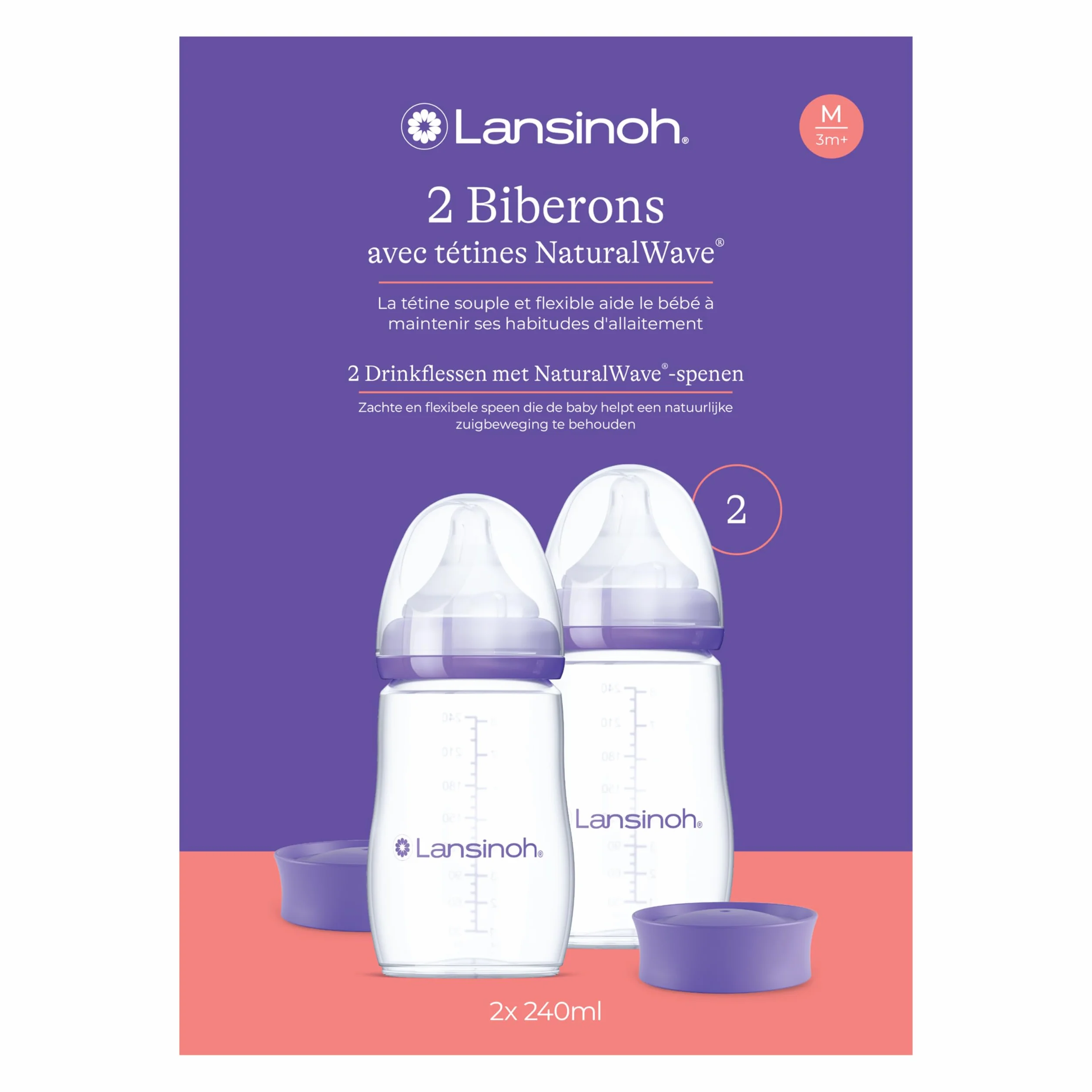 Lansinoh Biberon PP Natural Wave 2x240ml Anti-Colique AVS Tétine Large Souple Sans BPA Allaitement Mixte 0 mois