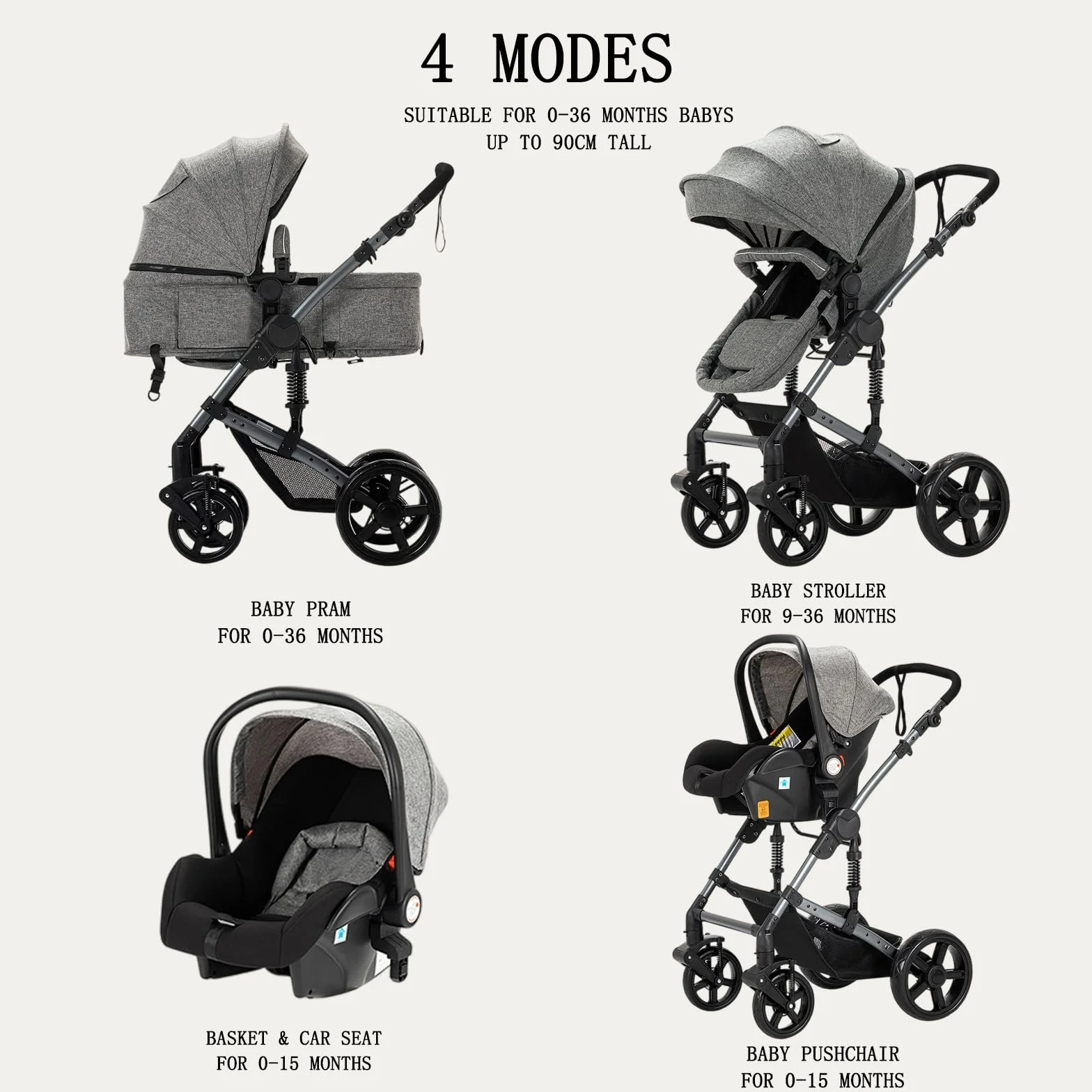 Poussette 3 en 1 bidirectionnelle nacelle cosy capote incluse Gris
