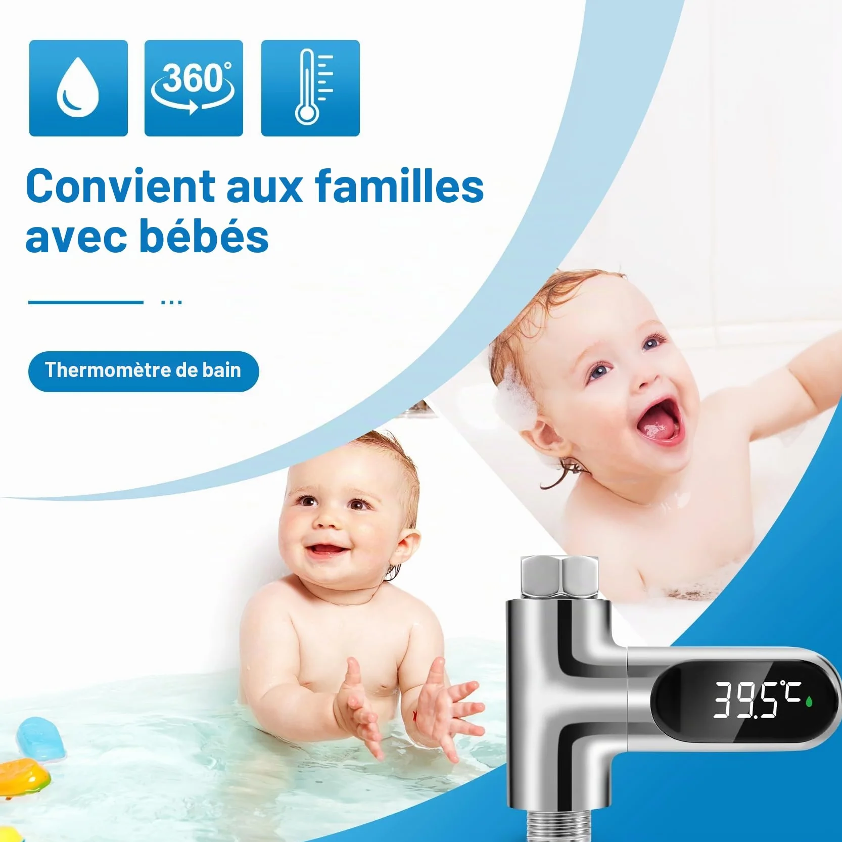 Thermomètre de bain LED auto-générateur pour douche