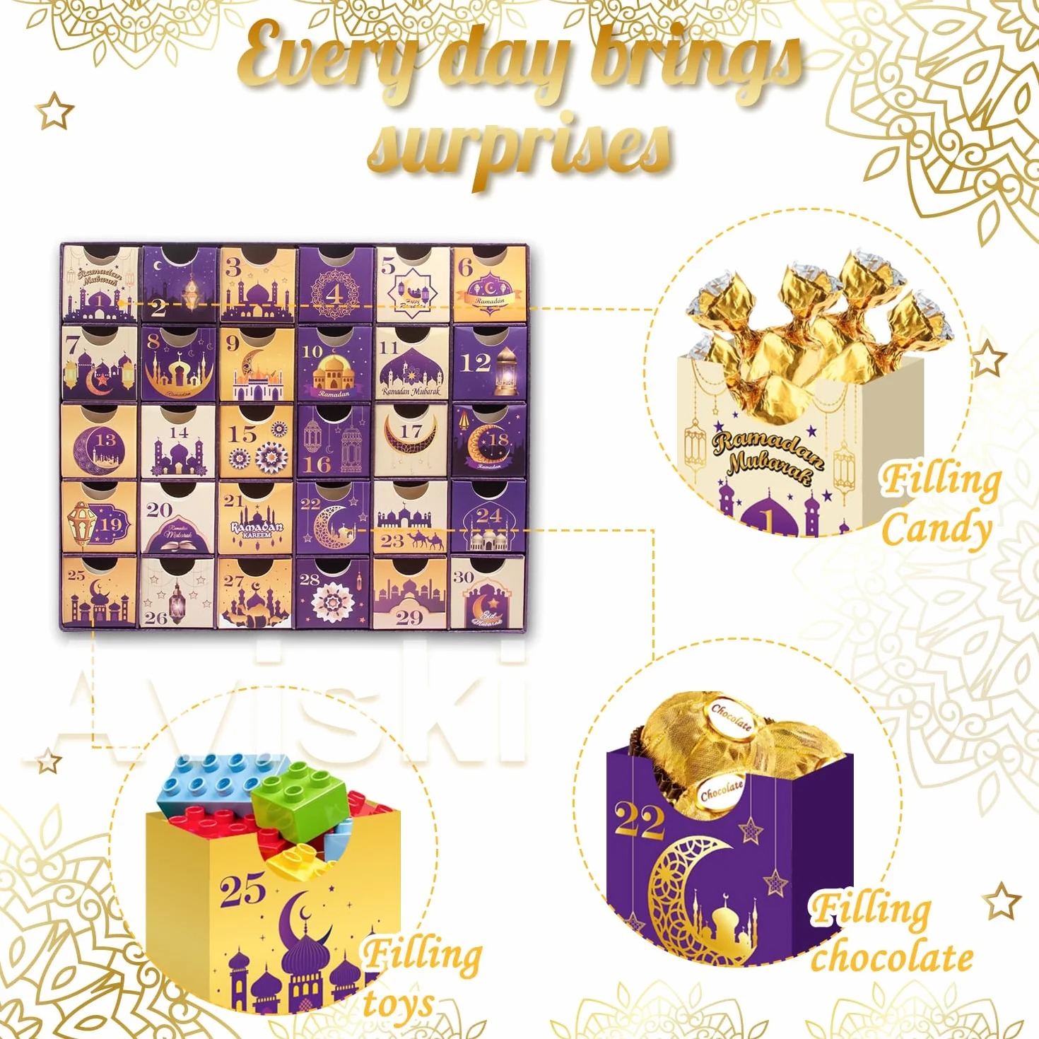 Calendrier de l'avent Ramadan 30 boîtes vides Compte à rebours Eid Mubarak Violet