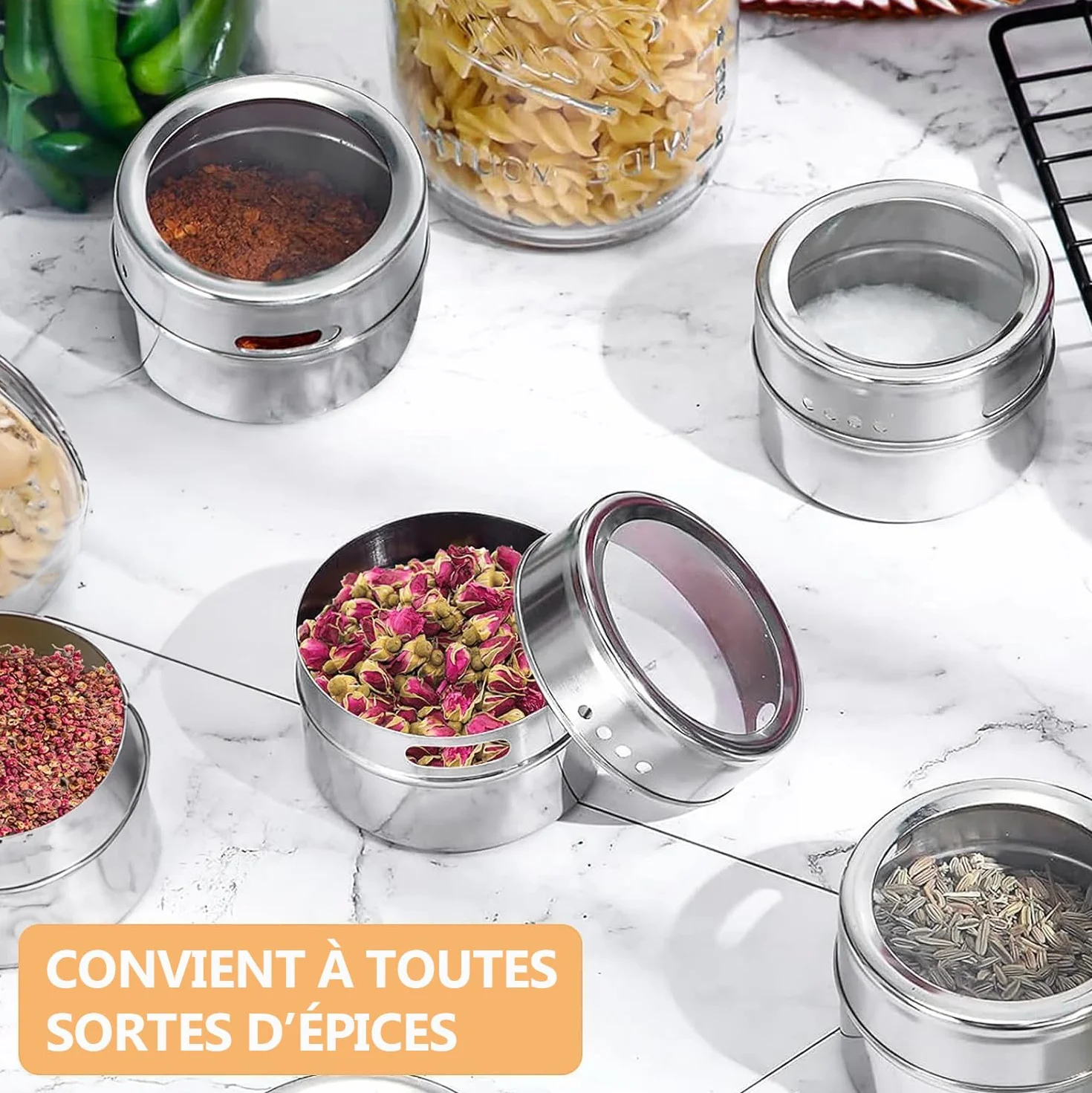 Pots à Épices Magnétiques Acier Inoxydable Lot 24 avec Couvercles 48 Étiquettes 2 Marqueurs