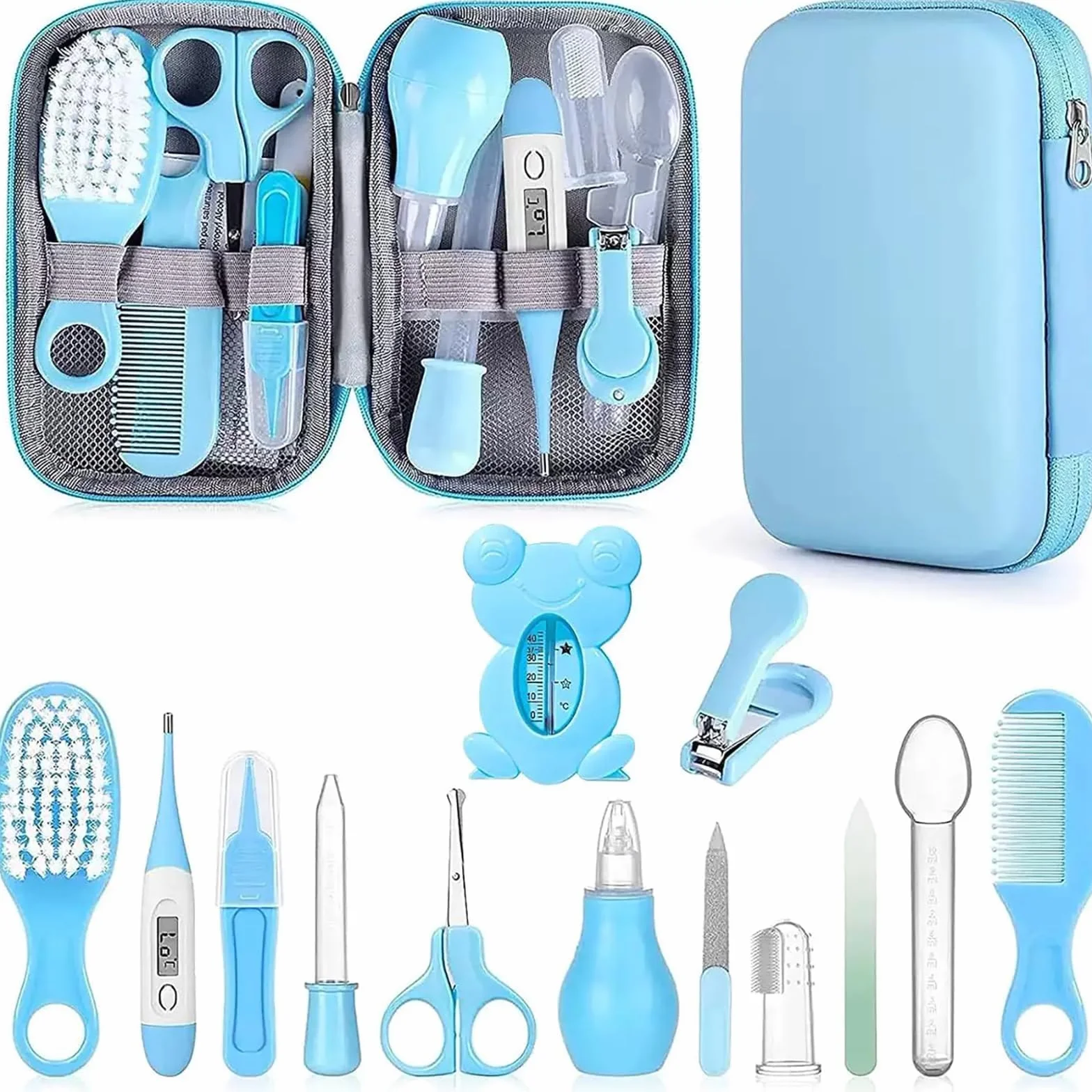 Trousse de soin bébé naissance 13 accessoires essentiels Thermomètre Digital Peigne Coupe Ongles Kit Cadeau Fille Garçon Bleu