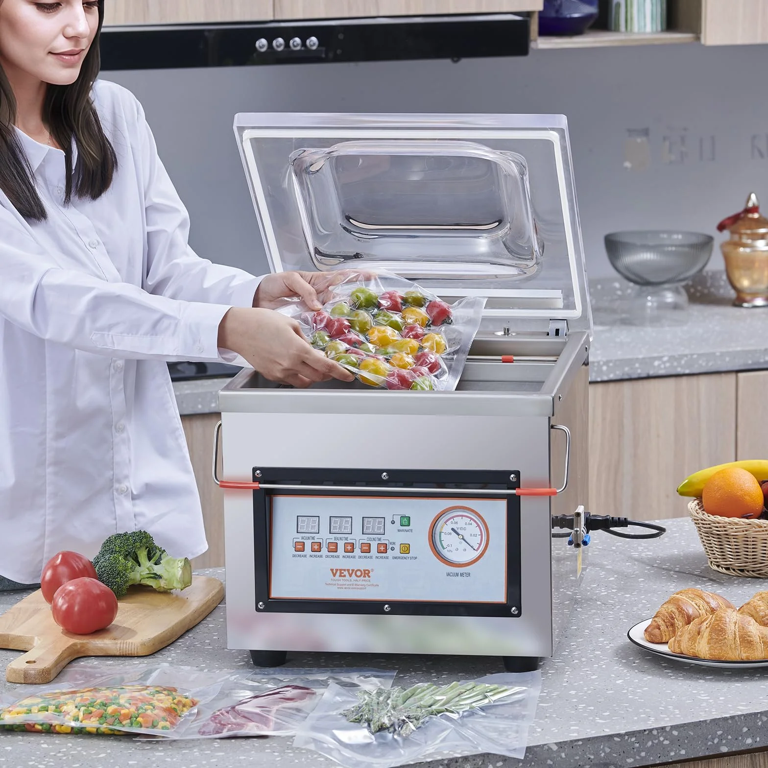 VEVOR Machine à emballer sous vide à chambre 320 W 320 mm usage domestique commercial aliments humides viandes marinades