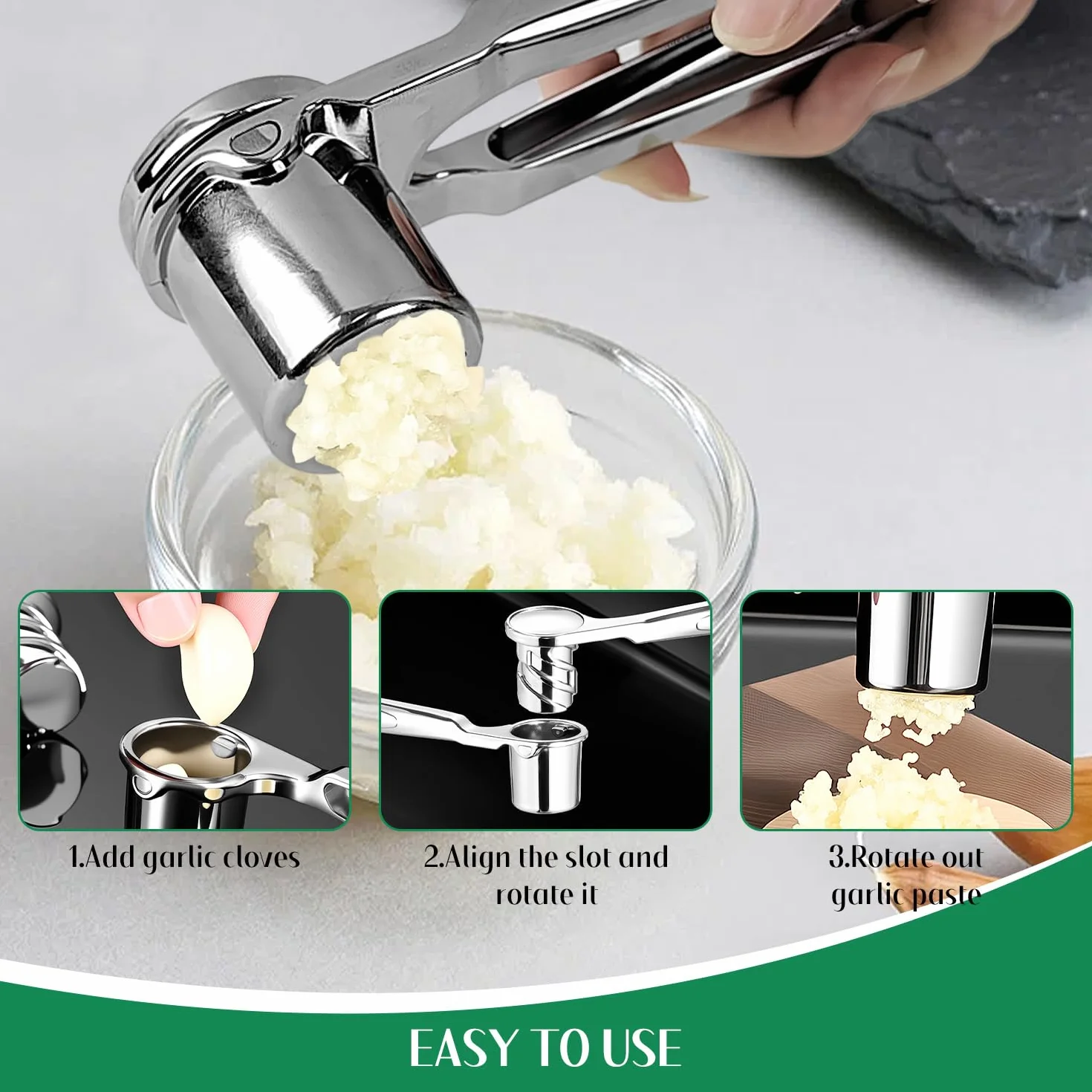 Presse-ail en acier inoxydable avec poignée ergonomique pour ail et gingembre, argent