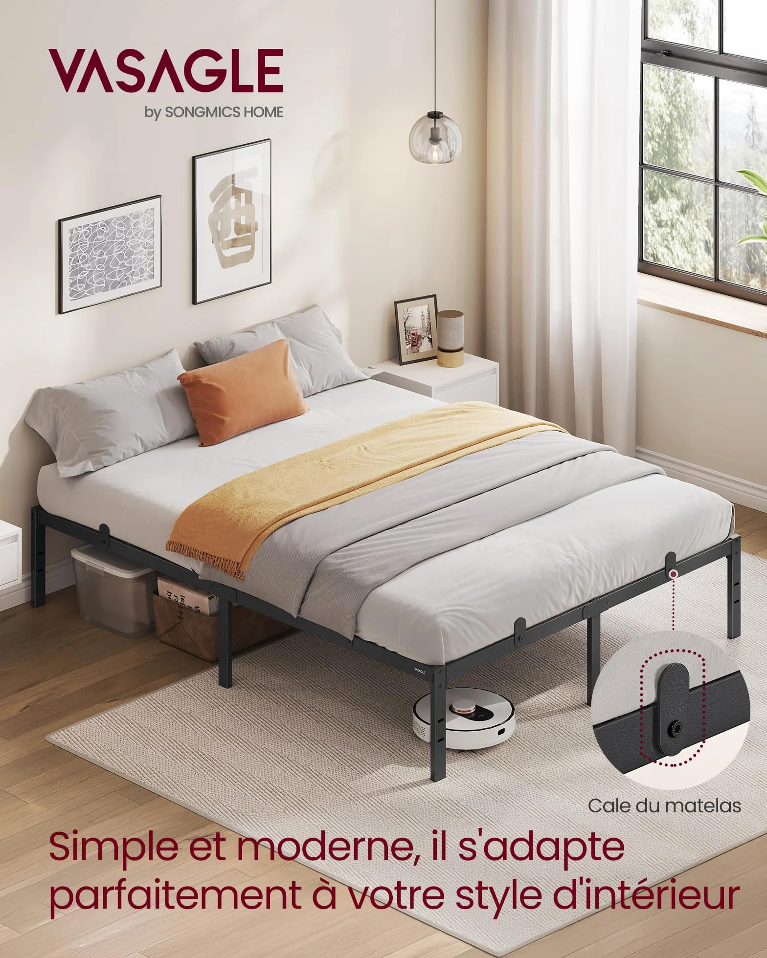 VASAGLE Cadre de lit Double métal Lit 140x190 cm 450 kg Noir d'encre RMB133B01