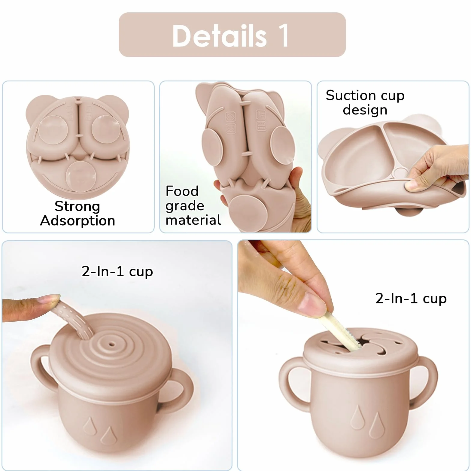 Coffret Repas Bebe Silicone 14 pièces Assiette Bol Fourche Cuillère Bavoir Tasse Set Couverts Vaisselle Sevrage Manger Beige