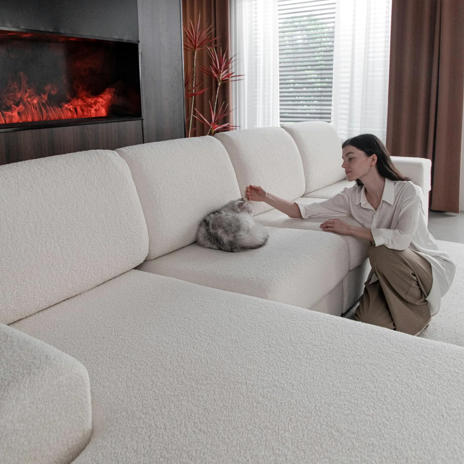 OHSIO Housse de canapé - Haute élasticité et antidérapante - Lavable et adaptée aux Animaux de Compagnie - Résistante - Ivoire - 2 Housses de siège S + 1 Housse de Chaise Longue