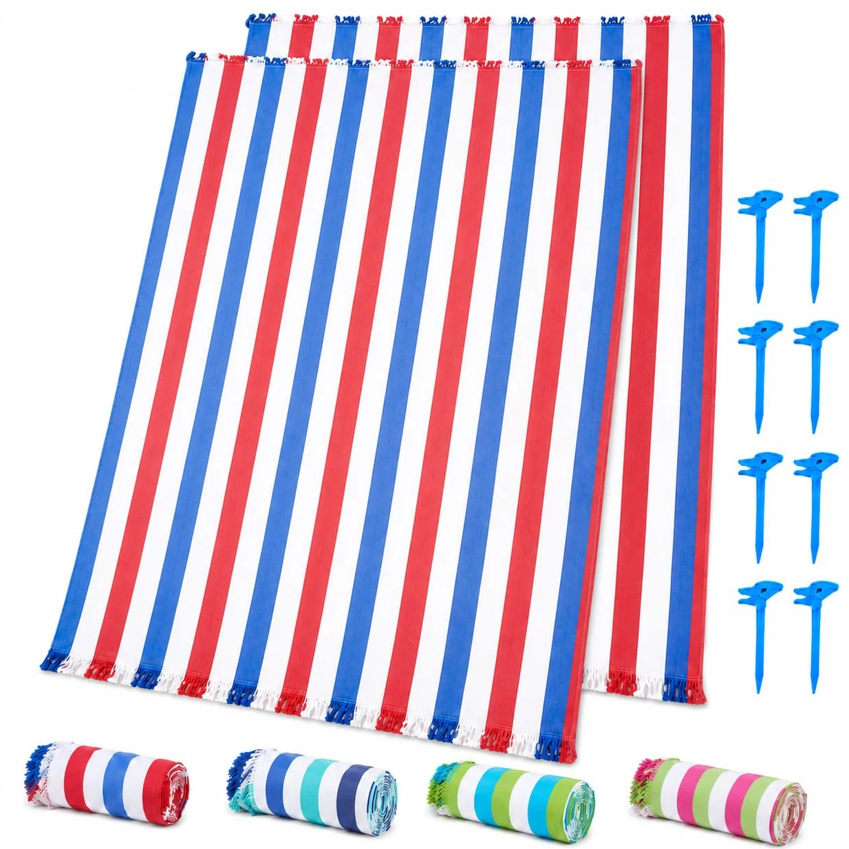 Pincho Lot de 2 grandes serviettes de plage avec pinces pour sable avec 4 pièces, anti-sable et séchage rapide XL 140 x 180 cm, rayures multicolores pour piscine et camping, avec franges