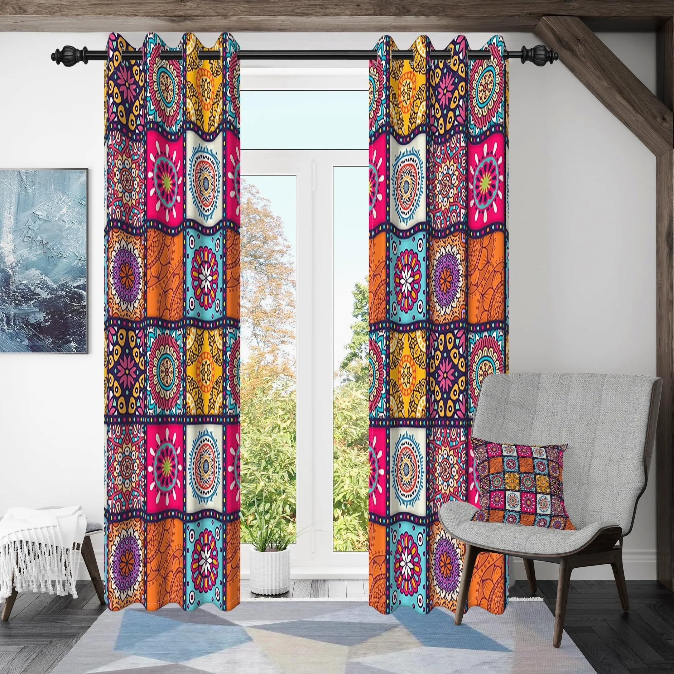 135x245cm Boho Patchwork Rideau à œillets Multicolore Mandala Abstrait Marocain Motif Isolant Thermique Œillets Occultant Rideaux pour fenêtres Chambre Salon Cuisine,2 Panneau