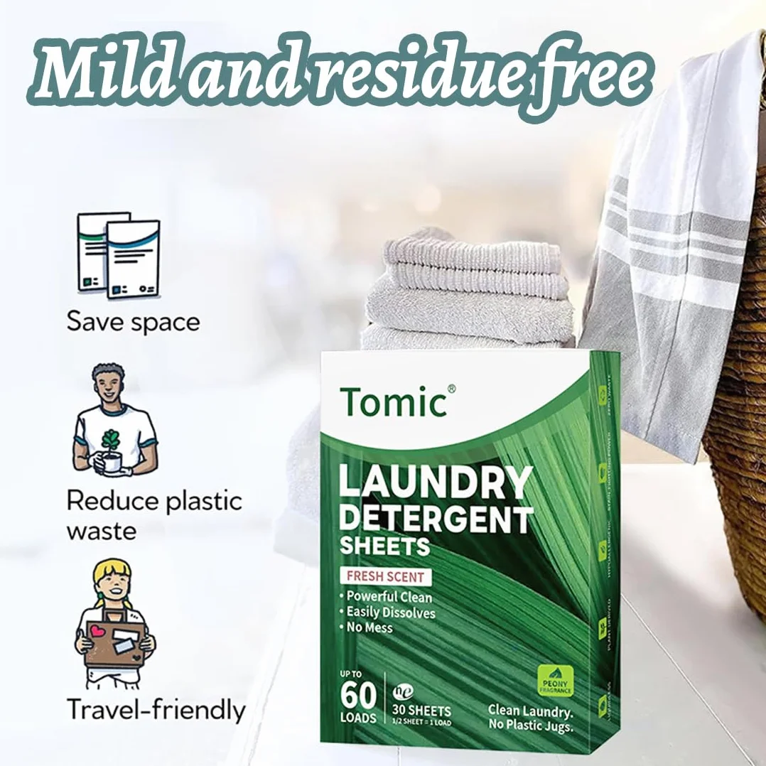 Lessive en Feuille Biodégradable 30 Feuilles 60 Charges Hydrosoluble Hypoallergénique Sans Plastique Blanc et Couleur Fraîcheur Intense