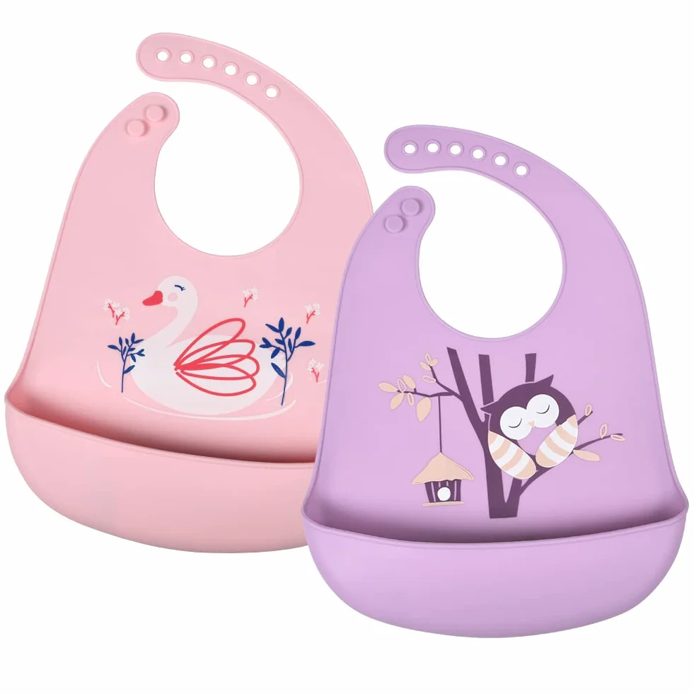 Vicloon Bébé Bavoir Silicone Souple Lot de 2, Bavoirs Étouches Imperméables, Tour de Cou Ajustable