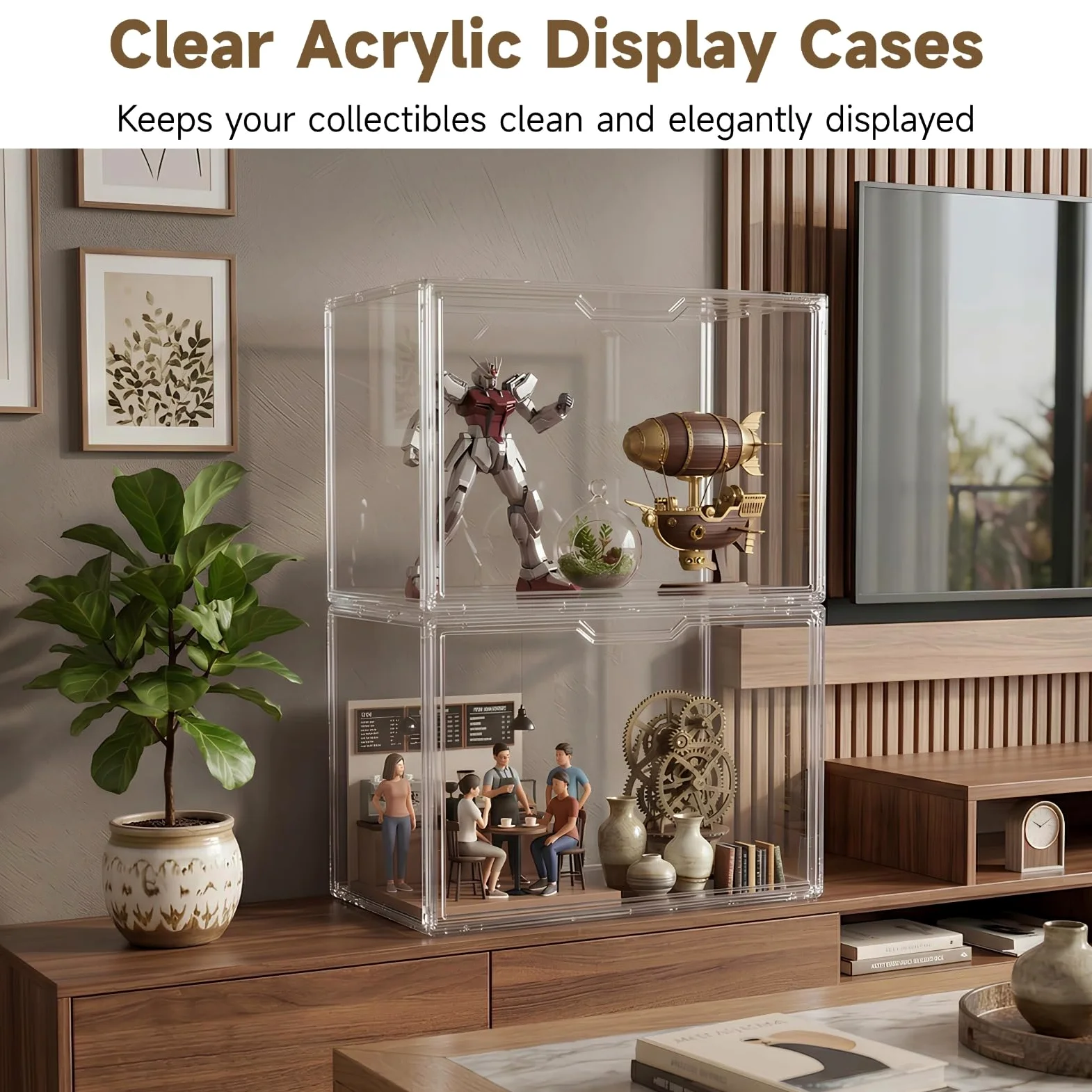 Lot de 2 présentoirs empilables en acrylique transparent avec porte d'entrée en métal - Bacs de rangement transparents à collectionner - Prend en charge l'affichage horizontal ou vertical