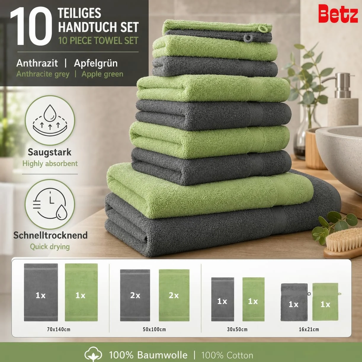 Betz Lot de 10 Serviettes Set de 2 draps de Bain 4 Serviettes de Toilette 2 Serviettes d'invités 2 Gants de Toilette 100% Coton Premium Couleur Vert Pomme, Gris Anthracite