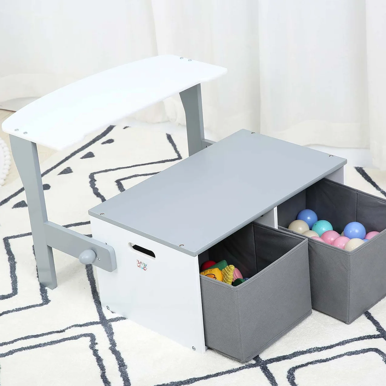 Baby Vivo Multifonctionnel 3en1 Table et Banc en Bois pour Enfants avec Coffre à Jouets - Felix Gris