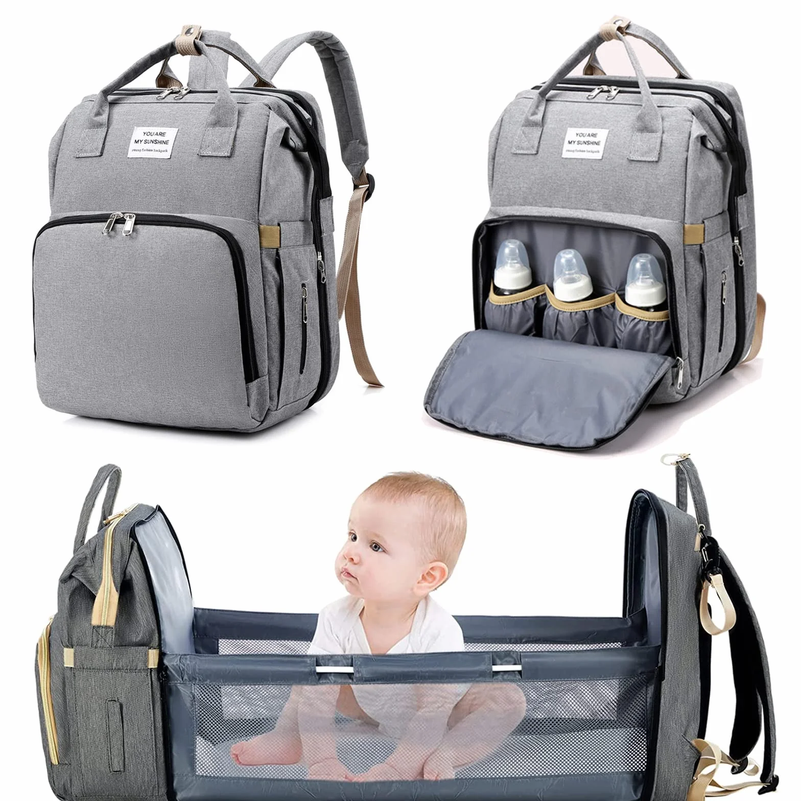 Sac à Dos à Langer Bébé Sac de Voyage avec Lit Bébé Portable Grande Capacité Imperméable Gris