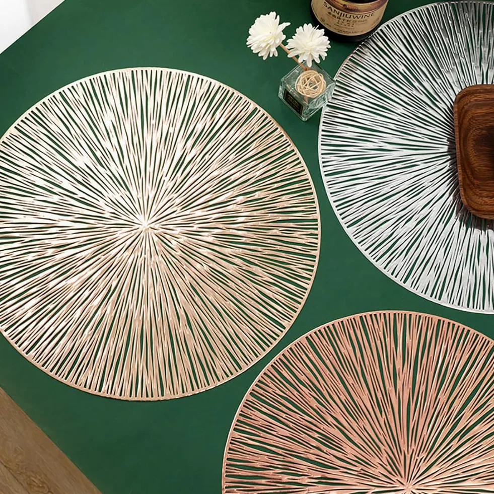 Creative Line Art Round Placemat - 38 Cm / 14,9 Pouces PVC Mat De Table Imperméable, Tapis À Manger Contemporain pour Cuisine, Restaurants,Or Rose,12pcs
