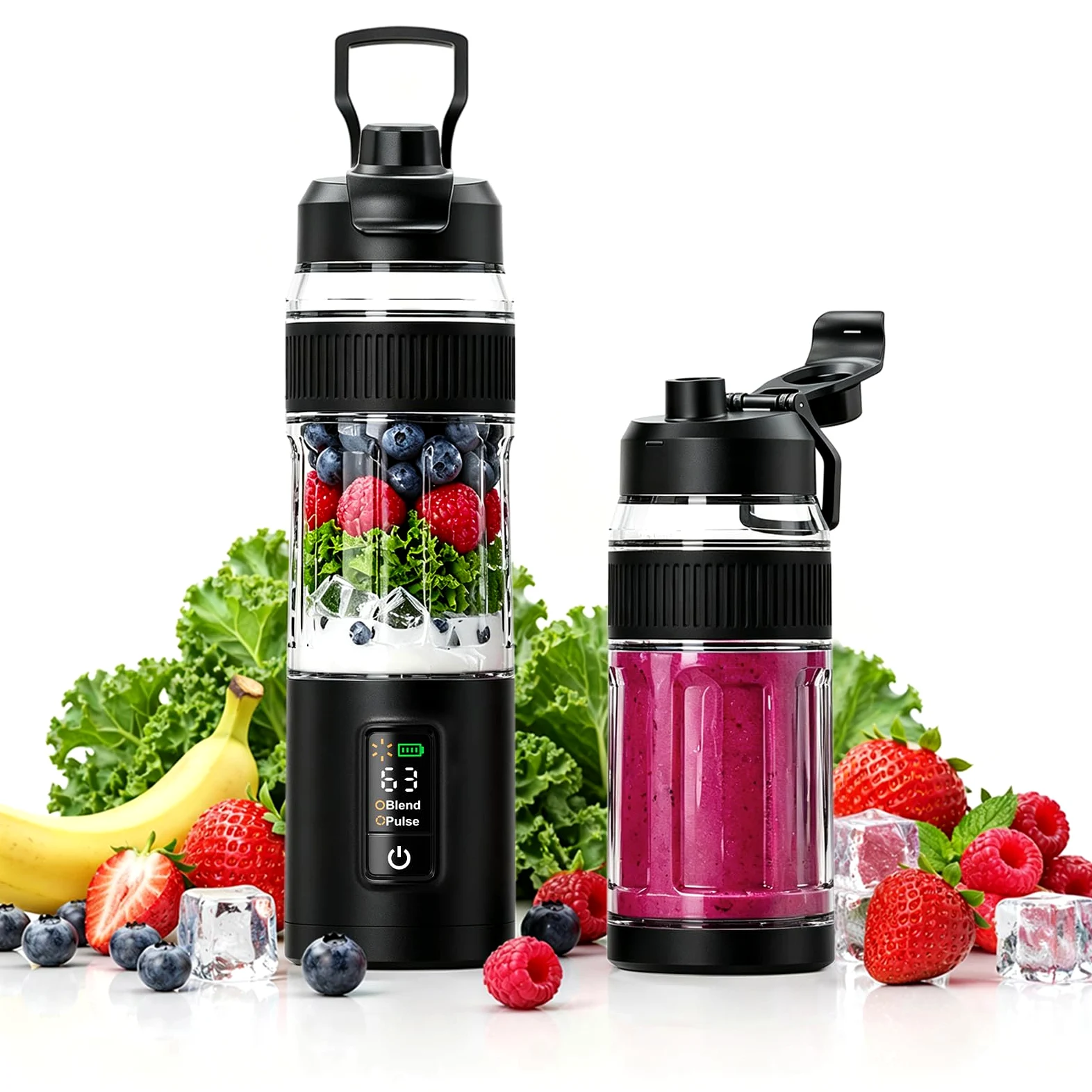 Blender portable,600ml,rechargeable,Broyage fruits et glaçons,compact | Bol mélangeur et couvercle anti-fuites, pour préparer des smoothies et des milkshakes, idéal pour les voyages et le sport