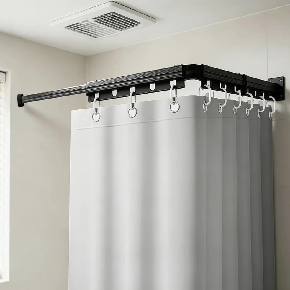 Tringle à Rideau de Douche en L, Modèle à Ventouses Sans Perçage, Rétractable à 3 Volets avec Étagère à Linge, pour Salle de Bain et Baignoire