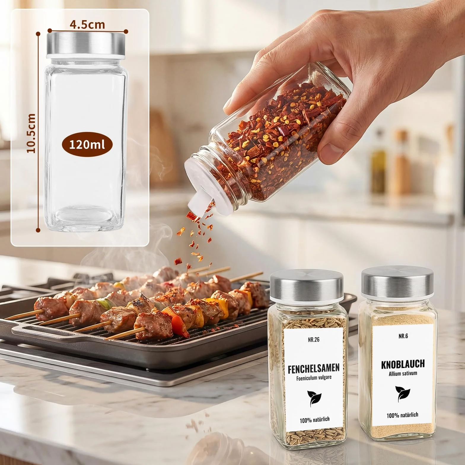 Bocaux à Épices Verre Carré 120ml 24 Pièces avec Couvercle Acier Inoxydable Rangement Cuisine