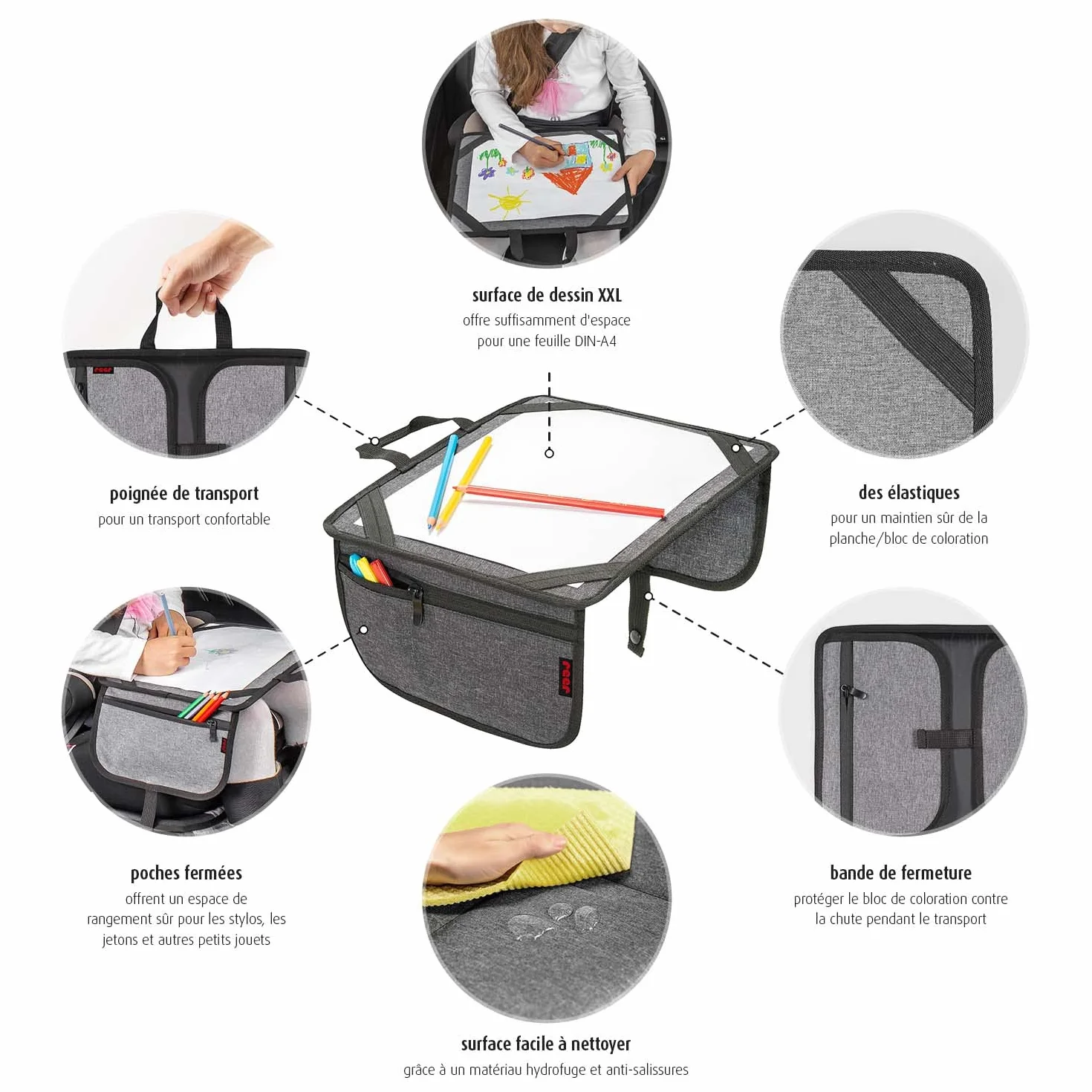 reer TravelKid Play Tapis de coloriage imperméable anti-taches gris voyage léger stable