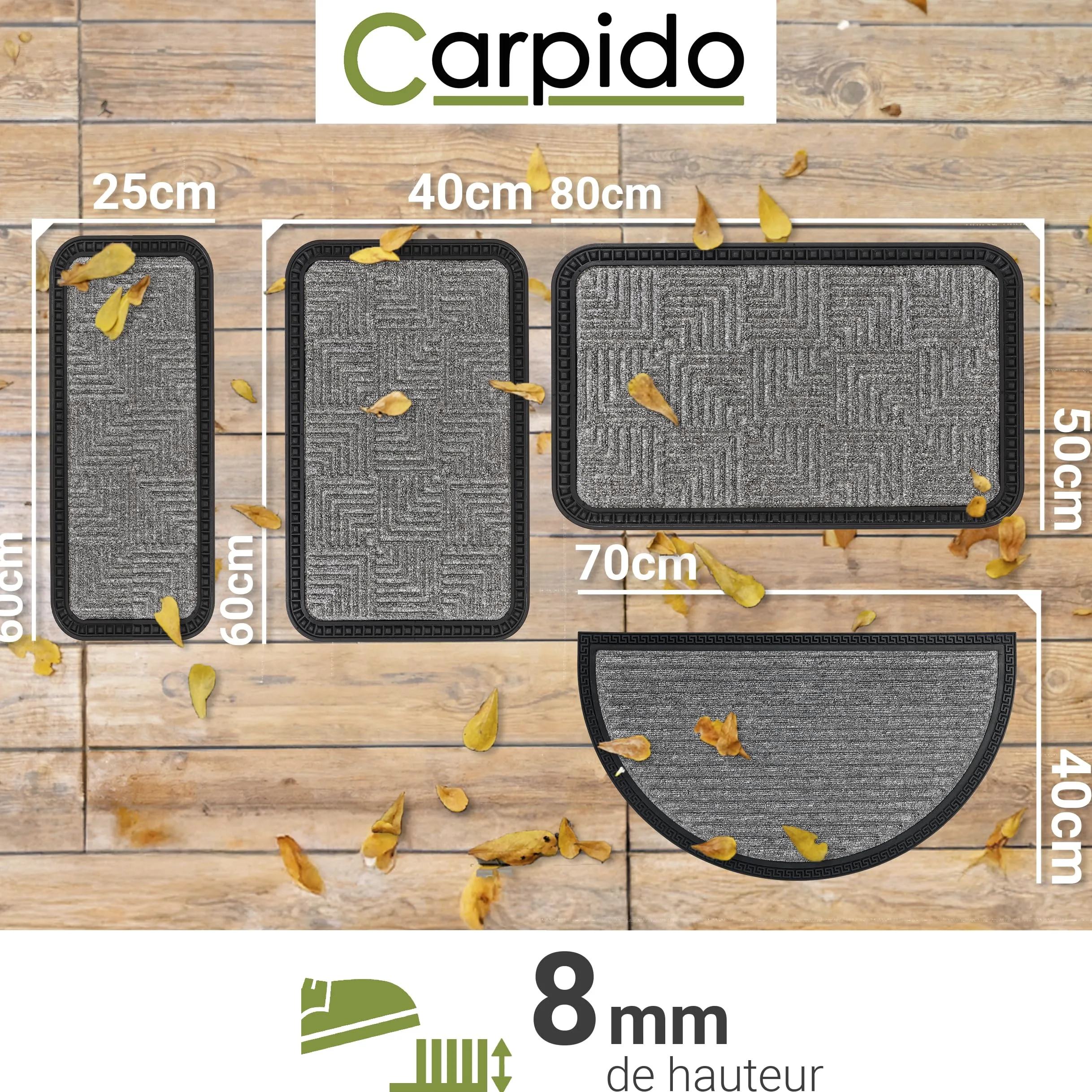 Carpido Paillasson Extérieur & Intérieur - Set de 2 50x80 cm - Argent Motif - Tapis de Porte antidérapant - Tapis de propreté résistant - extérieur Marches