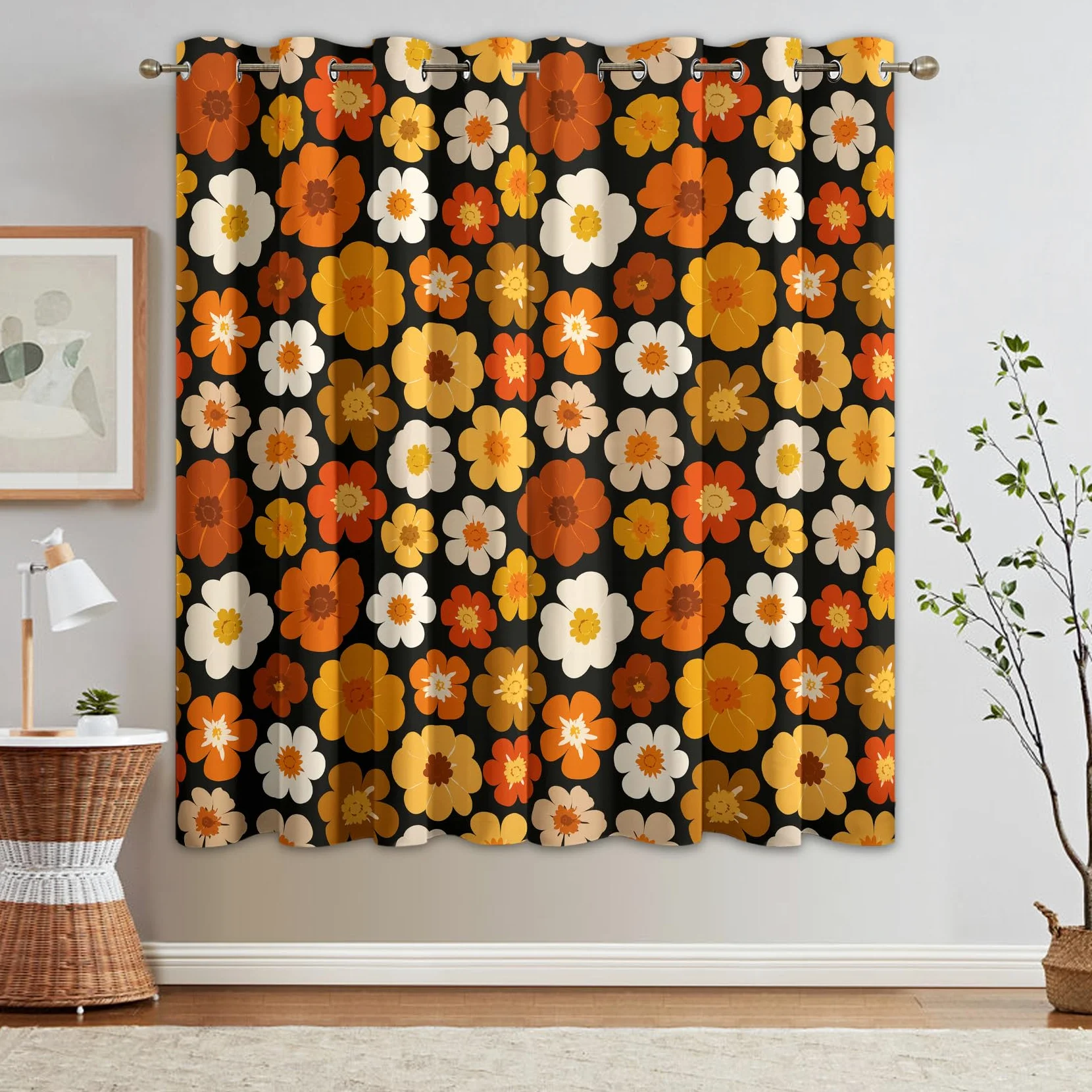 Rideau Hippie Occultant Motif Fleur Orange Jaune Retro Années 70 Rideaux Chambre Salon Cuisine Fenêtre 140 x 245 cm, Oeillets Rail Rideaux Occultants Thermique