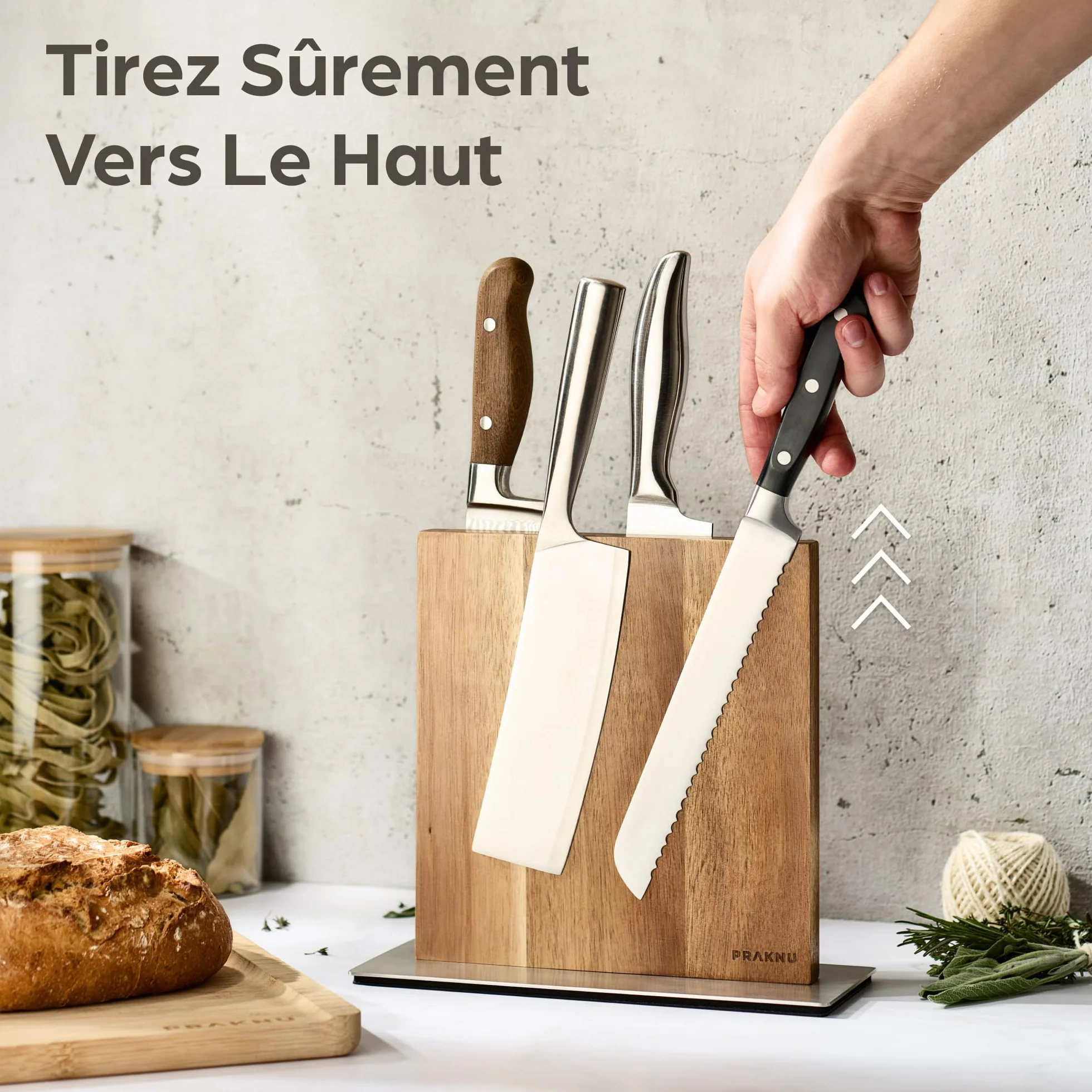 Bloc à Couteaux Aimanté Double Face en Bois d'Acacia FSC – Porte Couteaux de Cuisine – Magnetic Knife Holder – Rangement Couteaux
