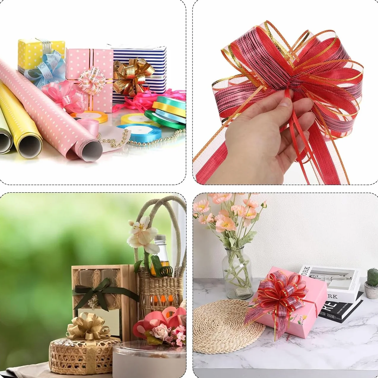 Grands Nœuds à Tirer pour Cadeau 16cm, Organza Nœuds Décoratifs pour Fêtes, Blanc