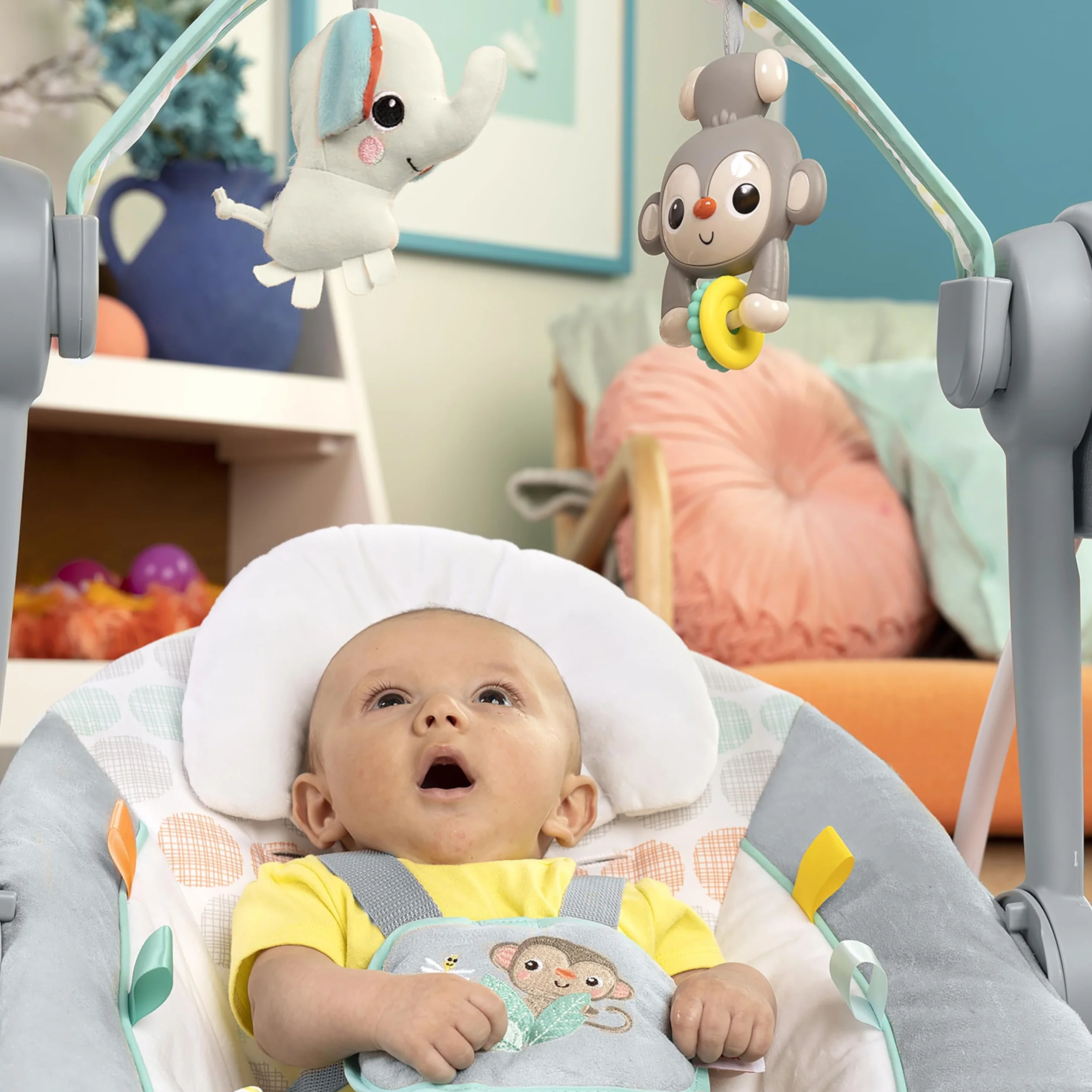Bright Starts Balancelle Compacte Whimsical Wild 6 vitesses balancement arche jeu amovible 2 jouets interactifs multicolore naissance 9 kg