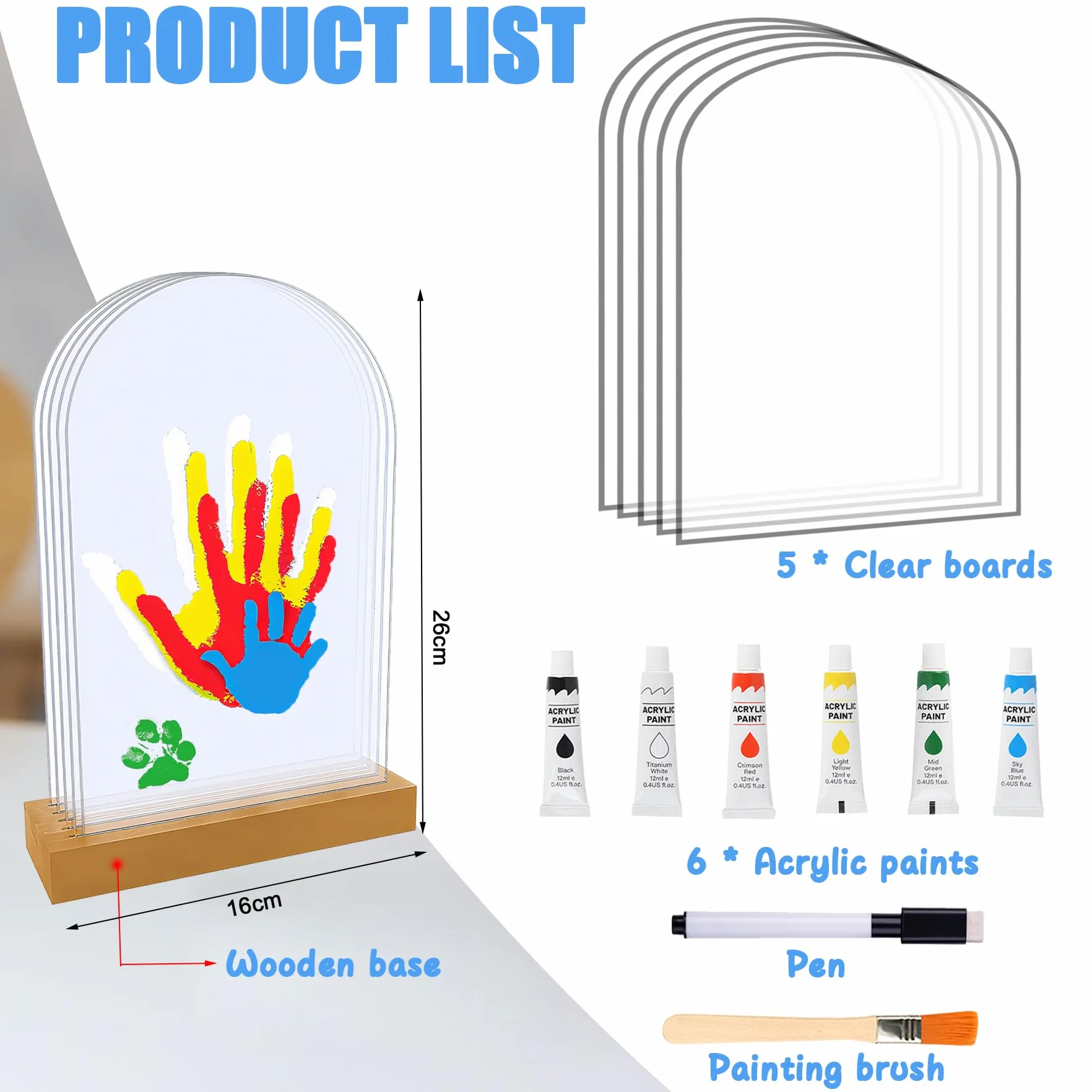 Kit d'empreintes de Mains et Pied Bébé 5 Panneaux Plexiglas Base Bois Souvenir DIY