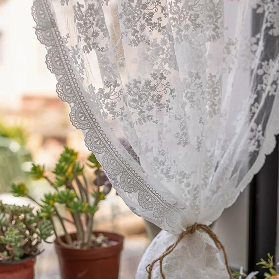 Rideaux en Dentelle Brodés Blancs de 130-270 cm de Long, Élégants Rideau Fenêtre en Voile Transparent Floral Rustique Passe-Tringle pour Salon(WxH130x150cm/51x59inch)